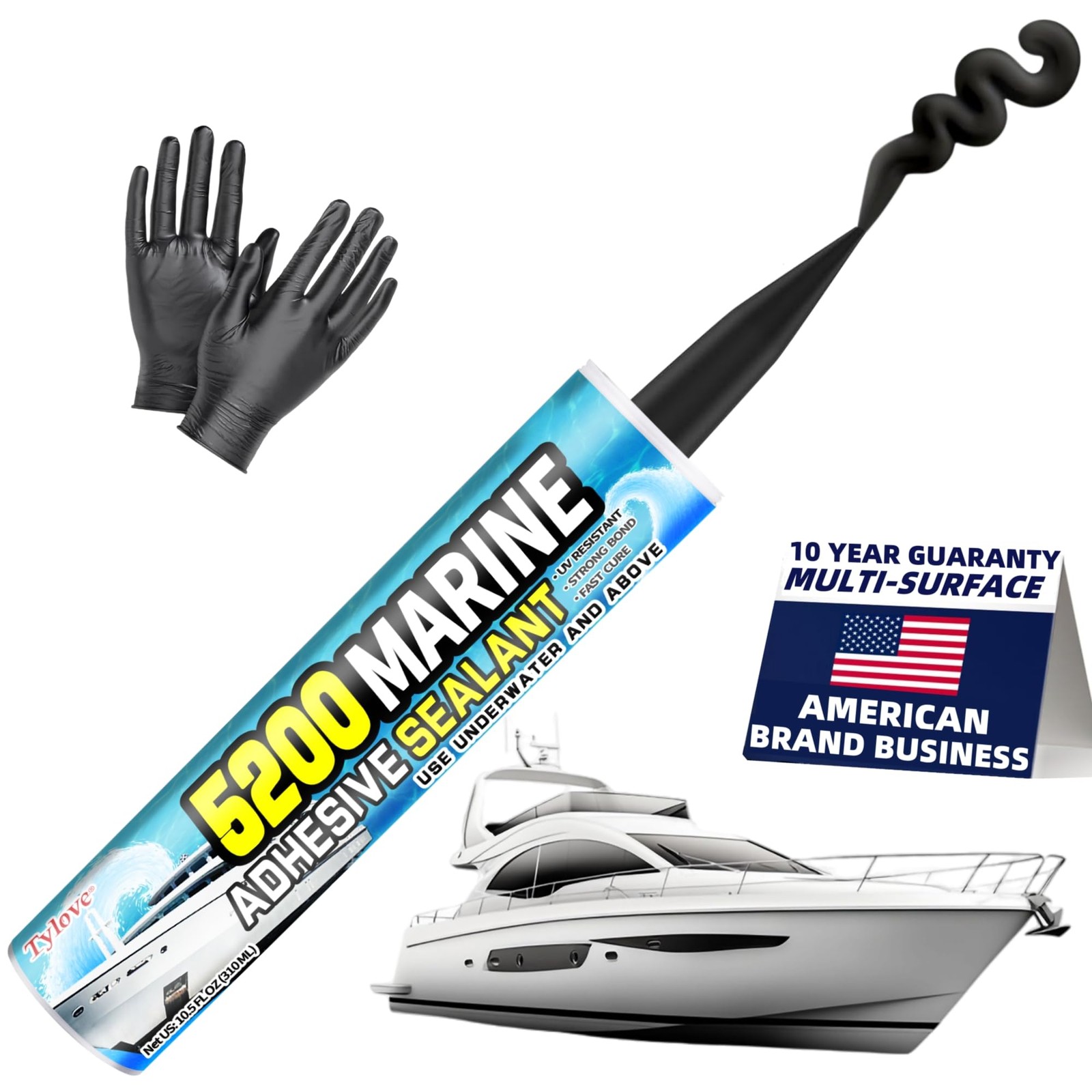 Marine Sealant 5200 Black Fast-Cure 30 Mins Waterproof UV-Resistant for Boats