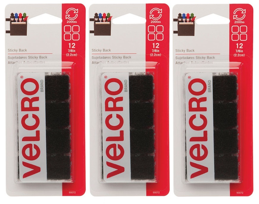 3 ~ Velcro Hook & Loop Fastener 7/8″ x 7/8″ Black 12pk Square Sticky Back 90072