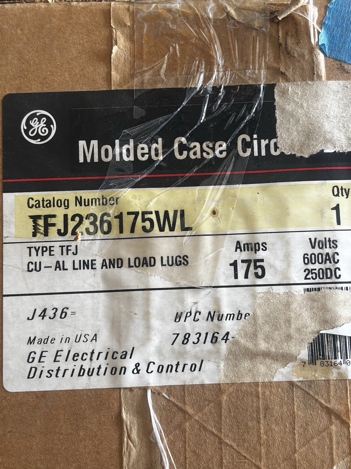 GE TFJ236175WL 175A 3-Pole Circuit Breaker 600VAC/250VDC Trip Indicator
