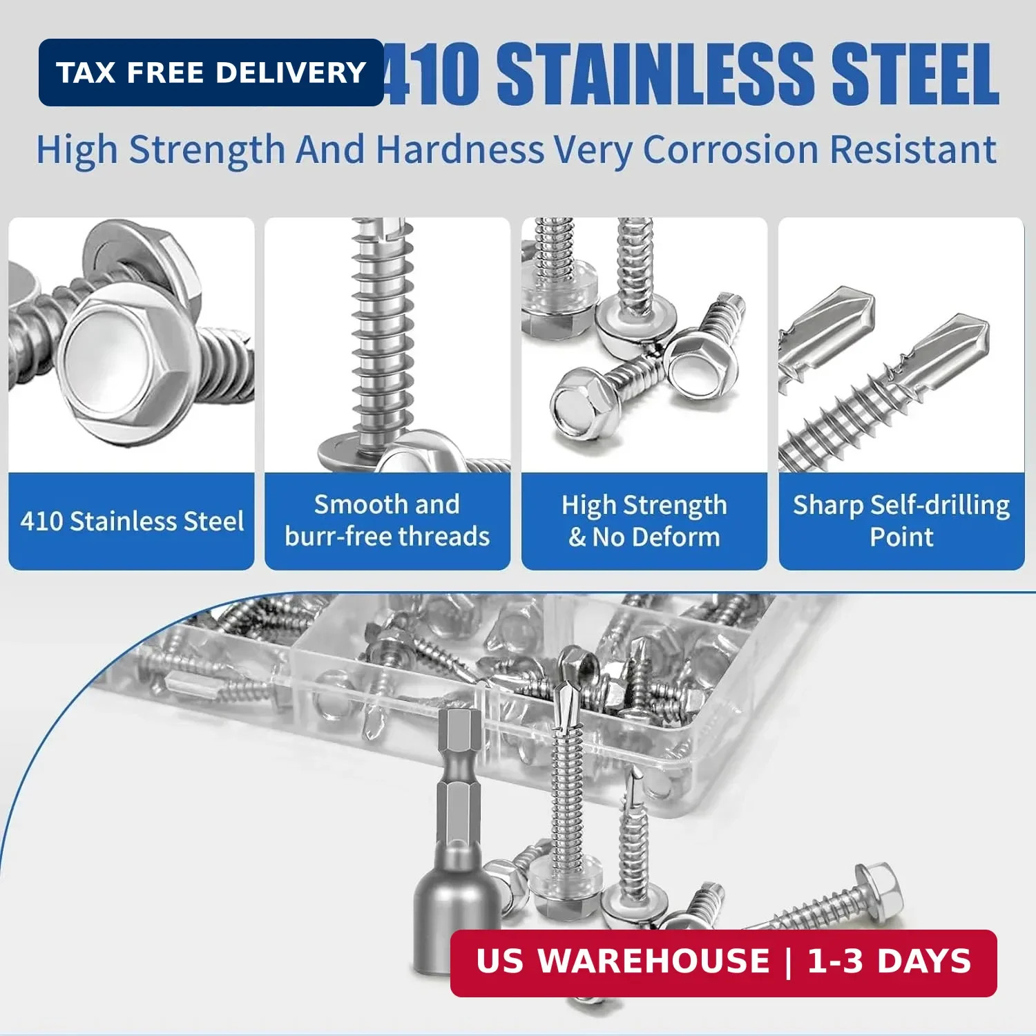 70Pcs #8#10 Hex Washer Head Self Tapping Screws 410 Stainless Steel Self Drillin