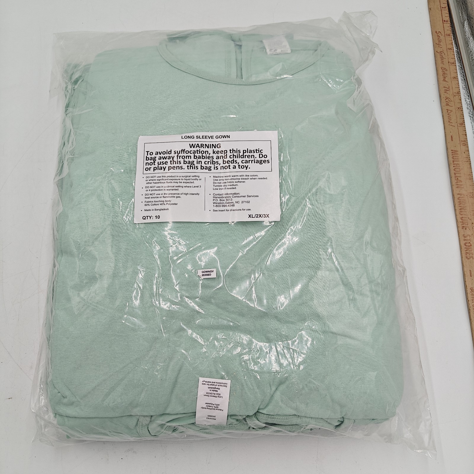 NEW Hanes Hospital Gown 10 Pack Long Sleeve Green Tie Back XL XXL XXXL 2XL 3XL