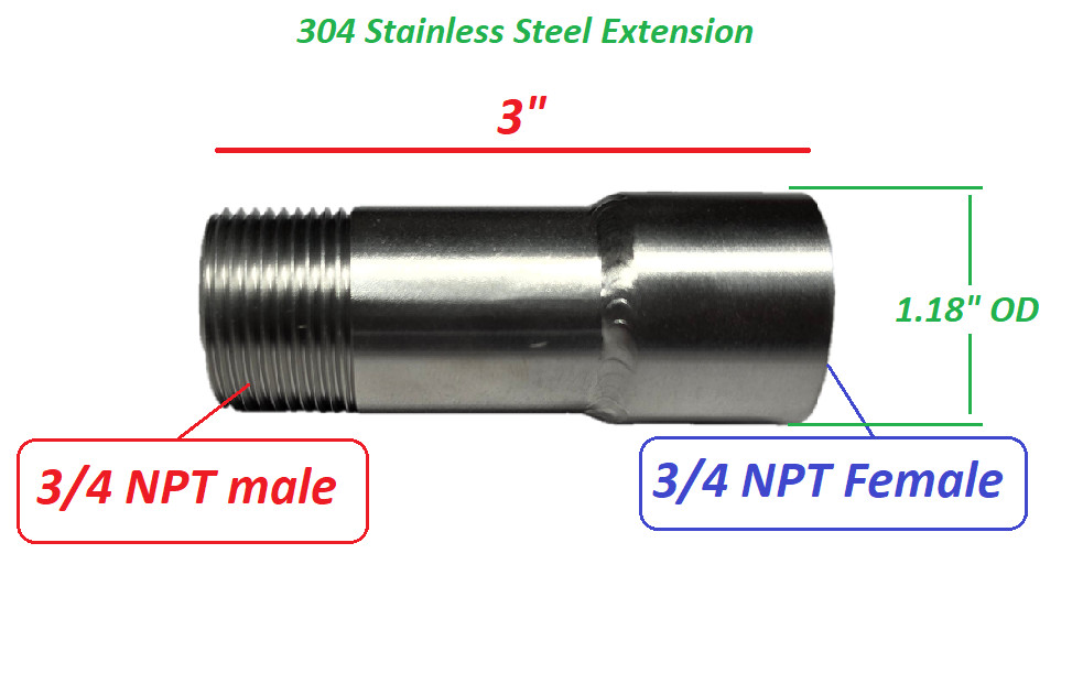 3″ Length 3/4″ NPT Male to Female Stainless Steel Exhaust Extension Adapter