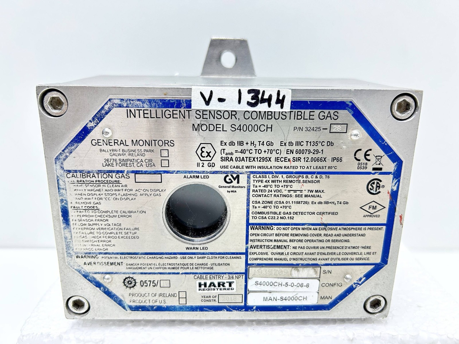 General Monitors S4000CH Combustible Gas Sensor 32425, V#1344 (TESTED)