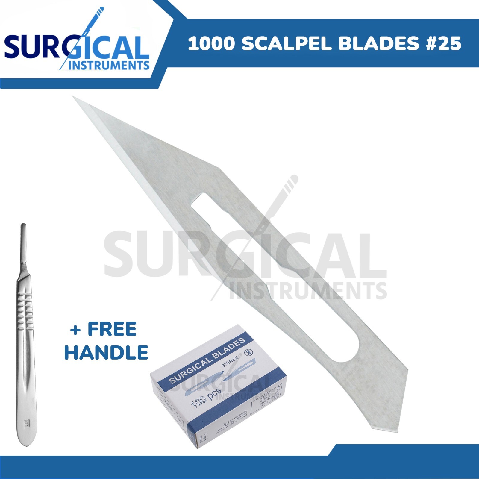 1000 Scalpel Blades #25 Surgical Dental ENT Instruments with Free #4 BP Handle
