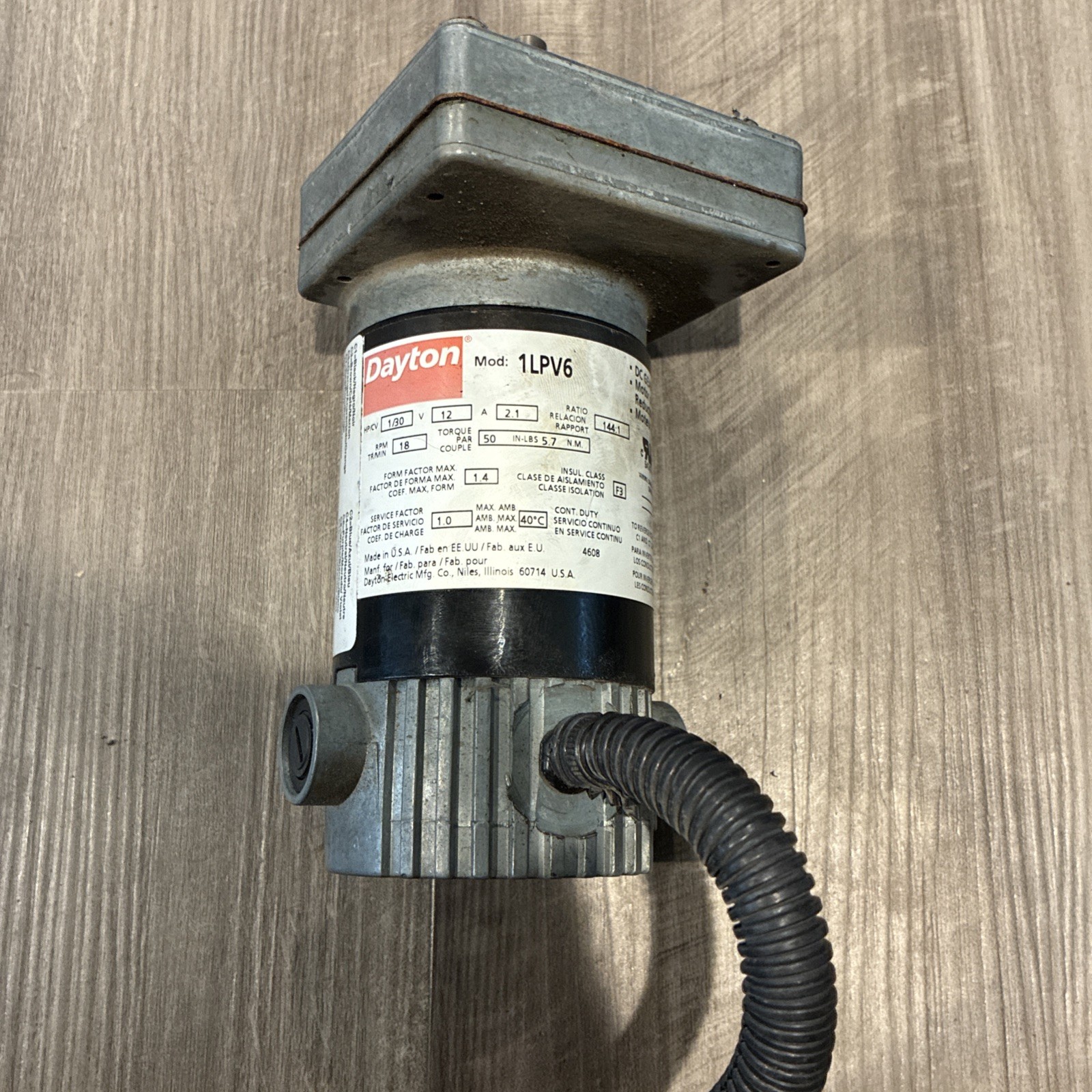 Dayton LT15 1Lpv6 DC Gearmotor, 50.0 In-lb Max. Torque, 18 RPM, PMDC, 1LPV6A