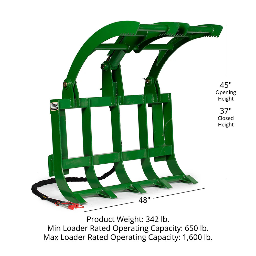 Titan Attachments 48” Light-Duty Single Cylinder Root Grapple Rake John Deer