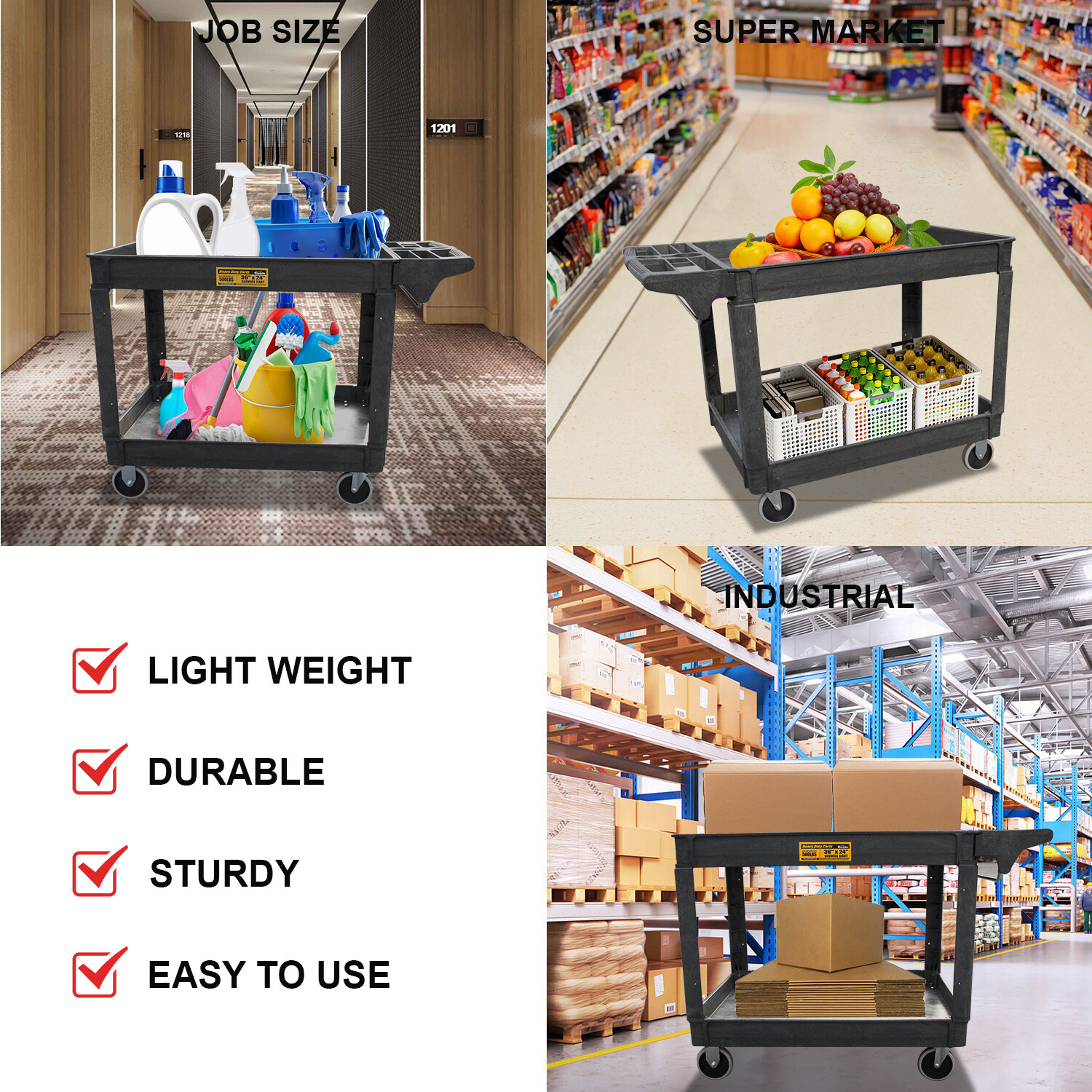 16*30 Inch Polypropylene Service Cart Heavy Duty 500 lbs Tools Organizer Rolling