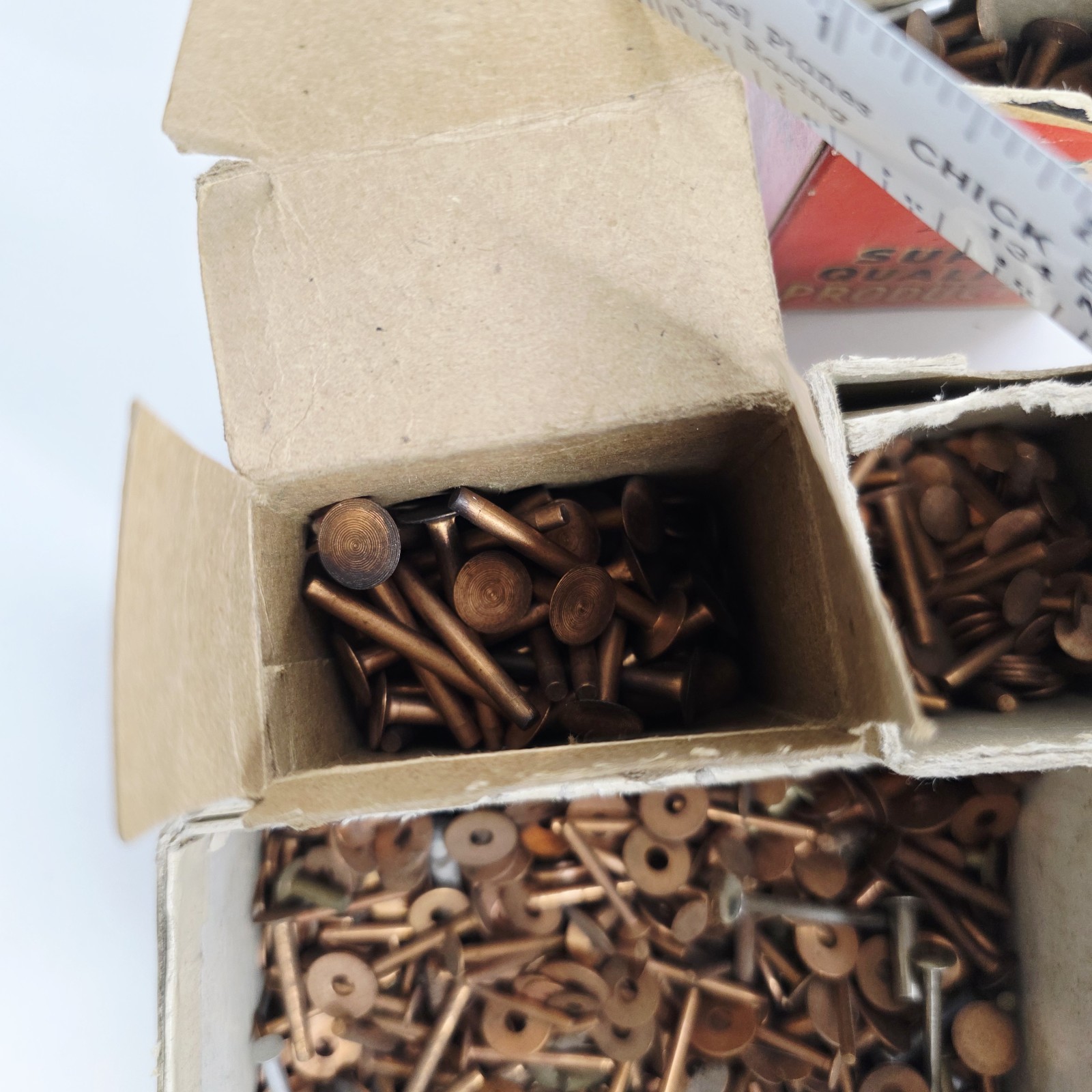 9 Pounds Vintage Copper Steel Belt Fasteners Tubular Rivets Burrs Boxes Lot Bulk