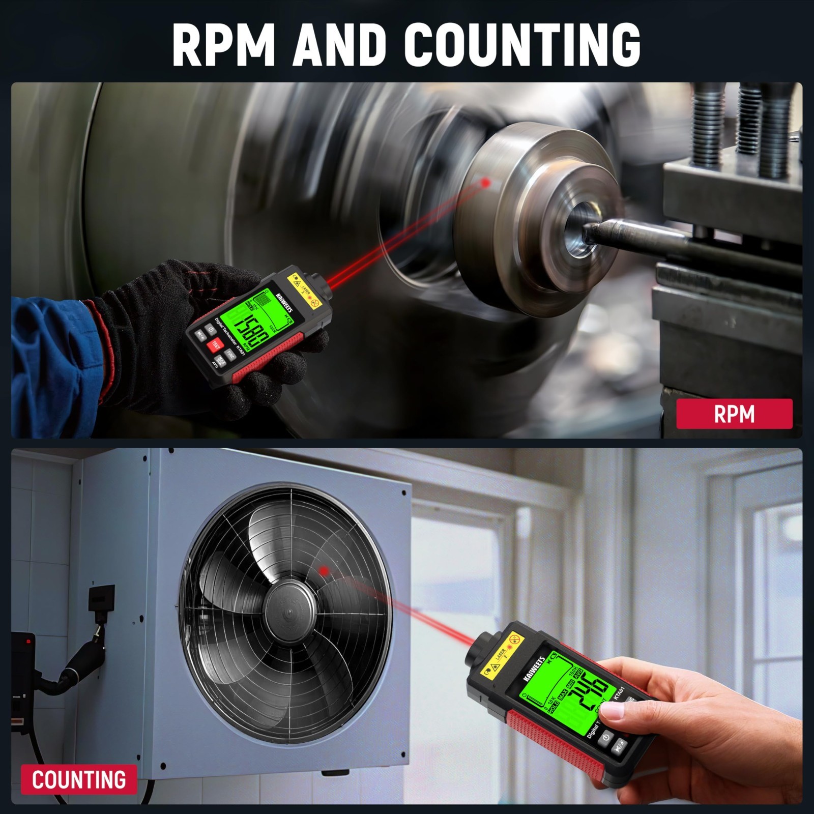 High Accuracy Non-Contact Laser RPM Tachometer, LCD Backlight, Data Hold, 10-999
