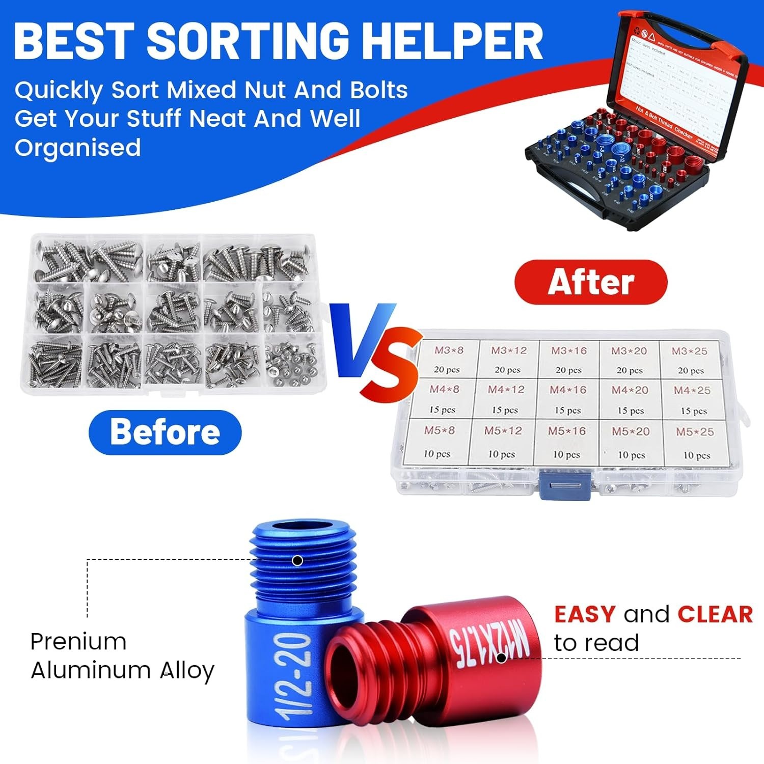 50Pcs Nut and Bolt Thread Checker 23 Metric + 27SAE Inch Thread Gauge Set, Deta