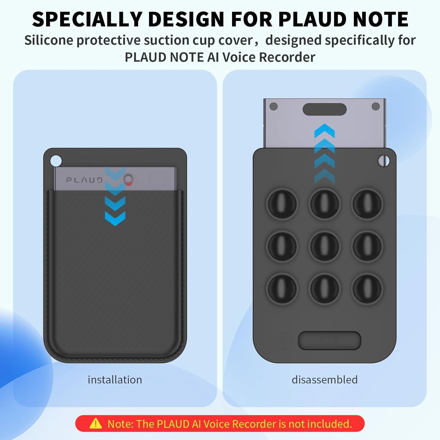 Silicone AI Voice Recorder Case, Suction Cup Holder for PLAUD Note with Key Ring