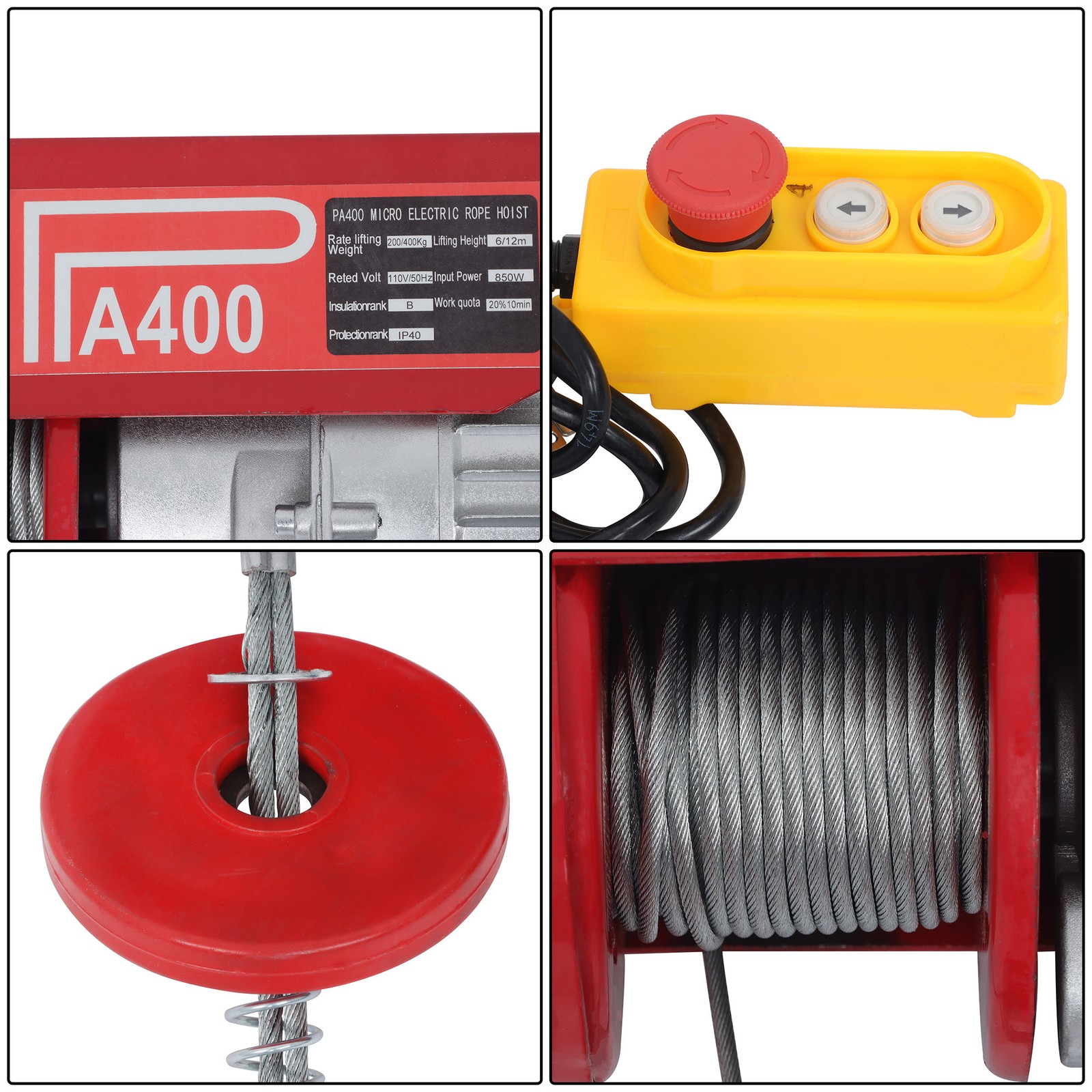 110V Electric Hoist 880lbs Crane Winch with Wired Remote Control 850W
