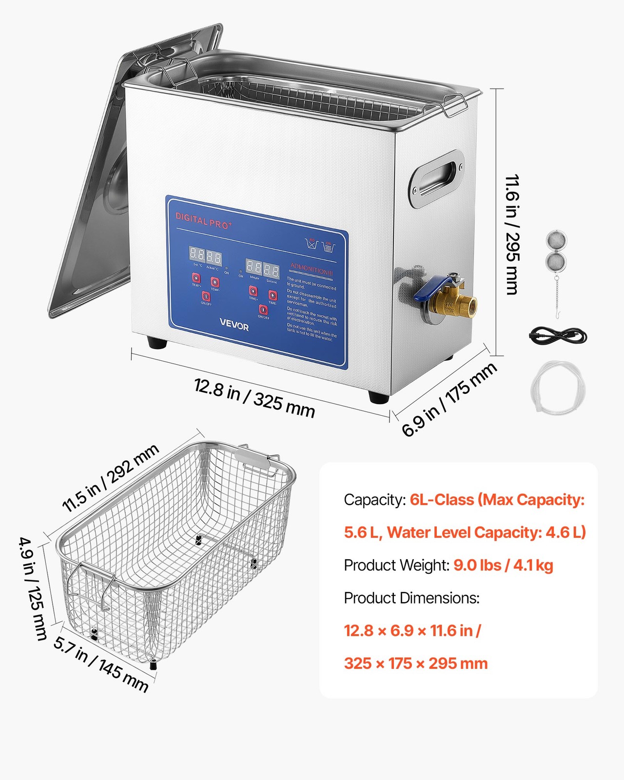 VEVOR Ultrasonic Cleaner 6L-Class Ultrasonic Parts Cleaner 40kHz for Jewelry