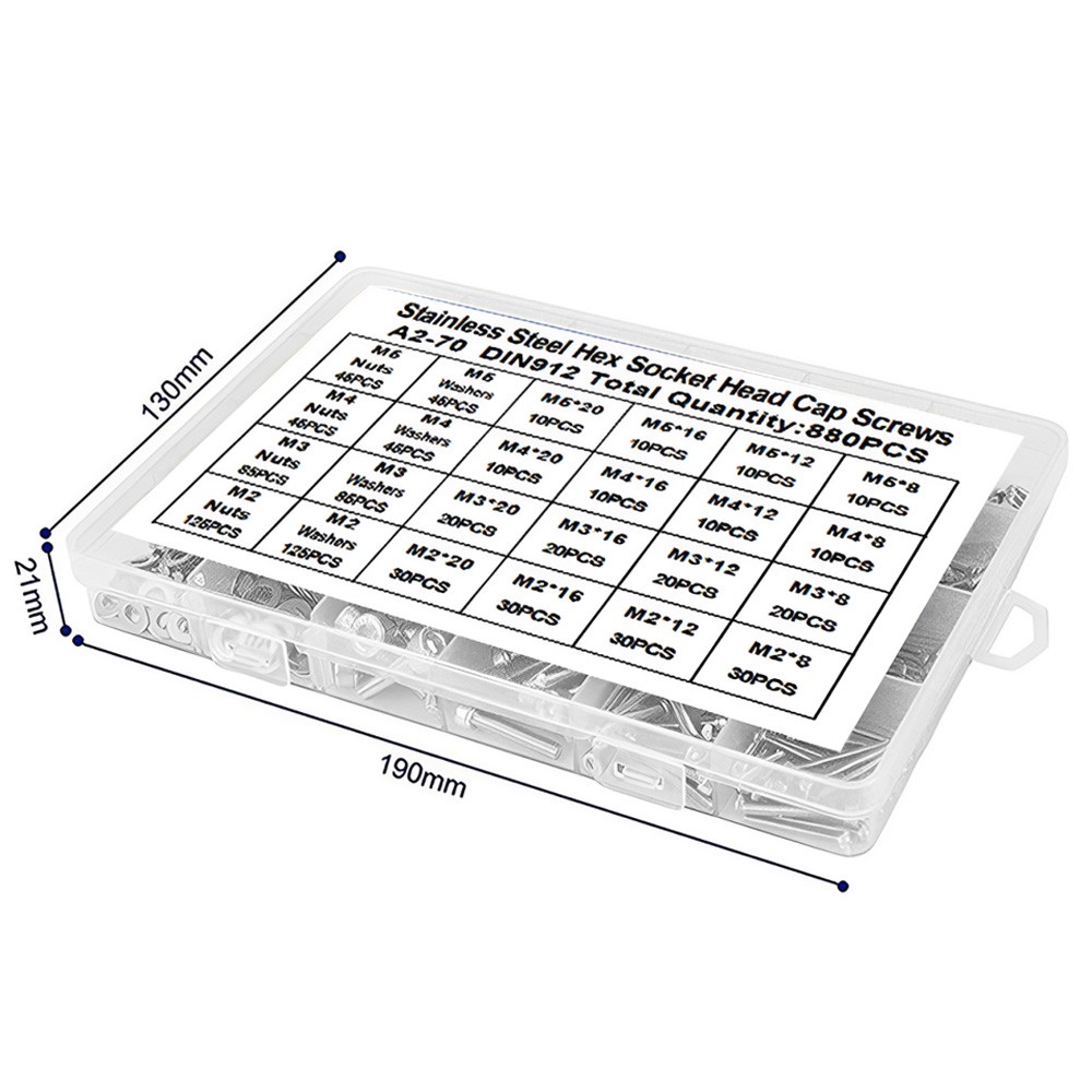 880PCS Metric Screws Assortment Kit, Hex Socket Head Cap, Bolts Nuts Washers New