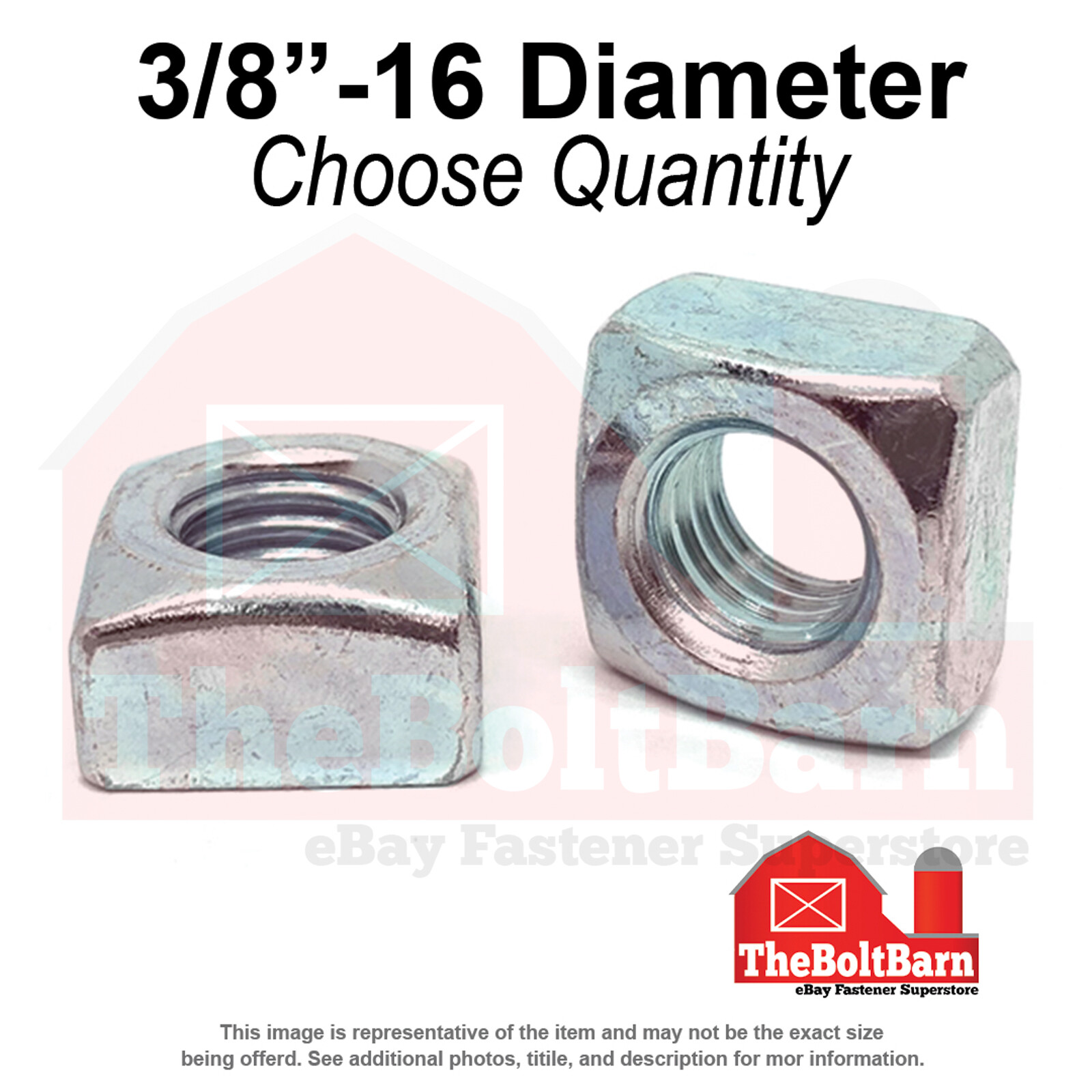 3/8″-16 Grade 2 Steel Square Nuts Zinc Clear Coarse Thread (Pick Quantity)