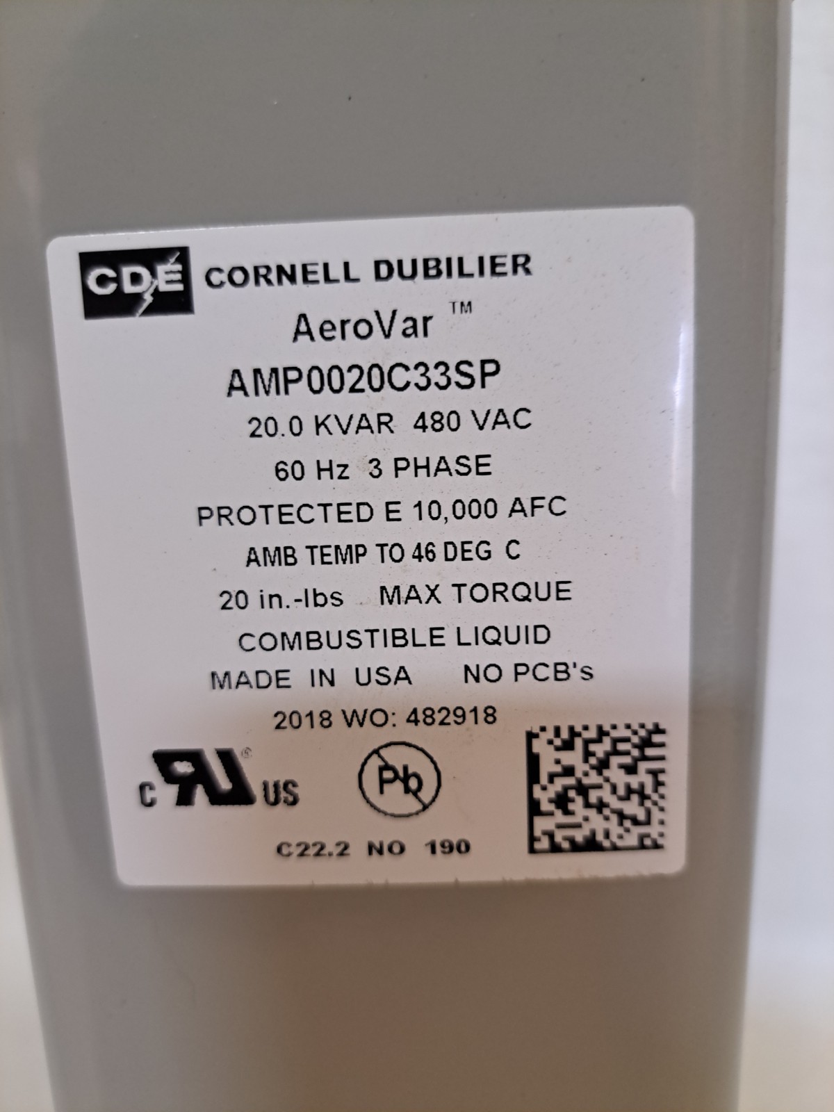 Cornell Dubilier AeroVar AMP0020C33SP 20 KVAR 480V 3 Phase Capacitor USED