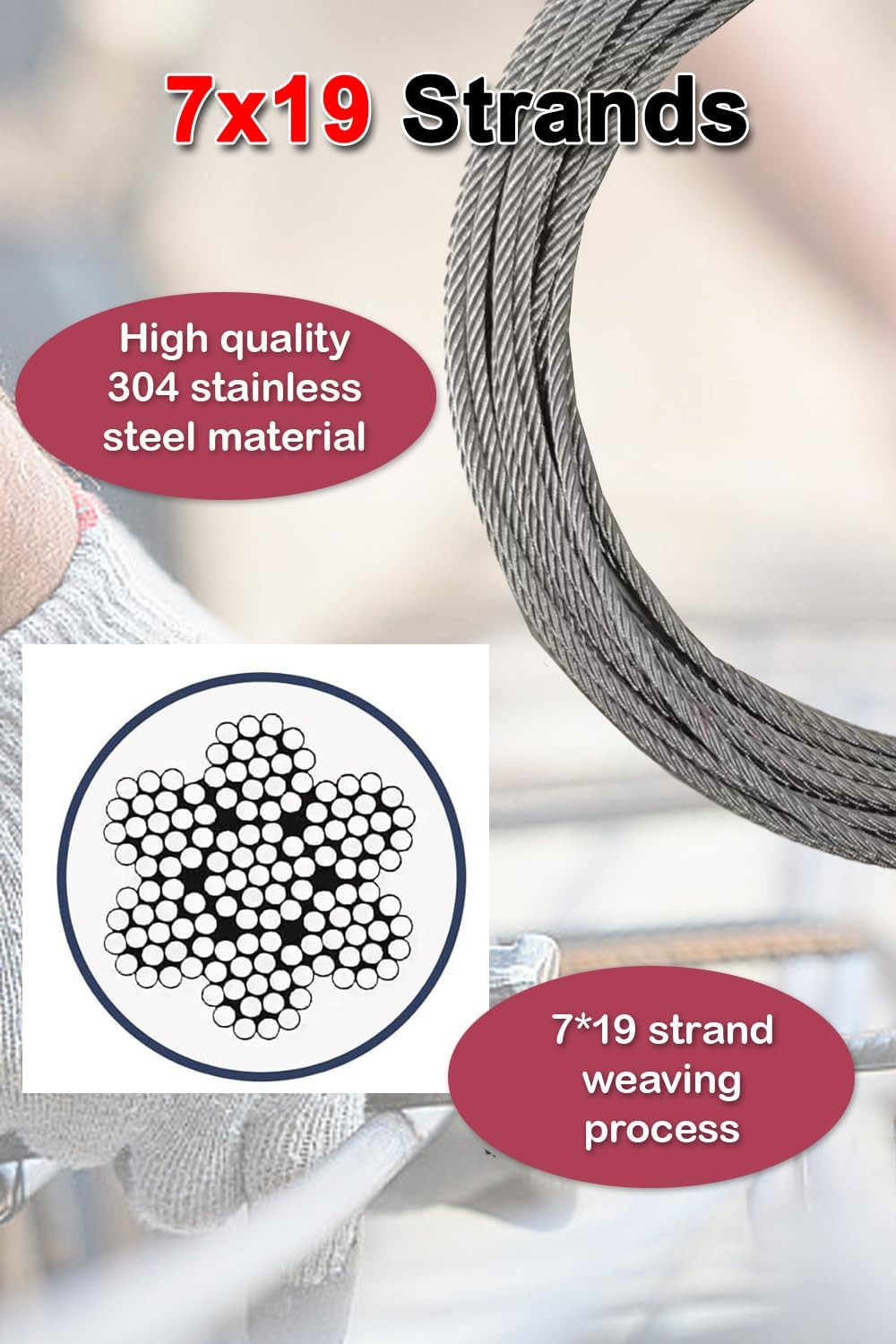 3/16″ Stainless Steel Cable 100Ft Wire Rope with Wire Rope Clamps and Thimble, 4