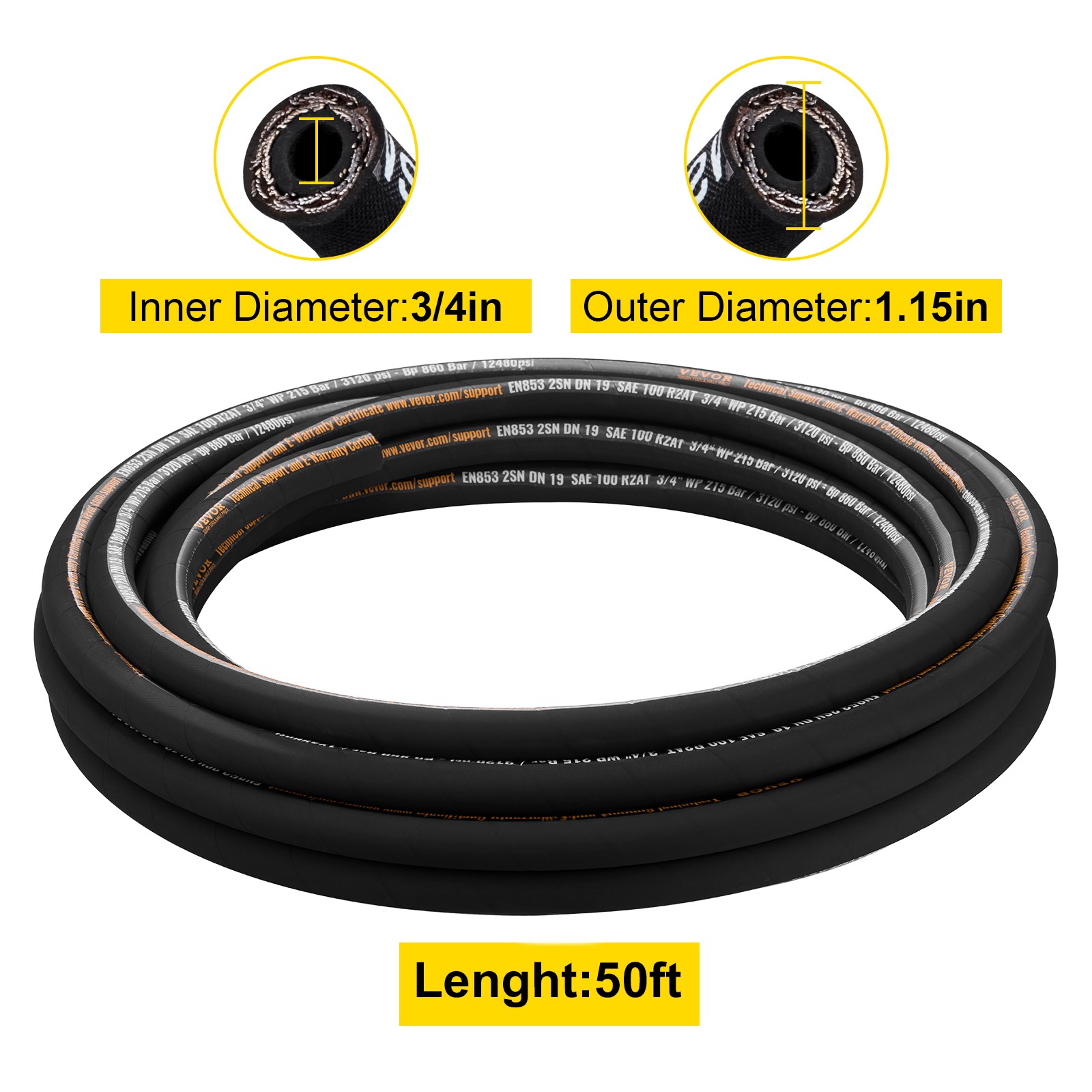 VEVOR Hydraulic Hose Coiled Hydraulic Hose 50ft 3/4″ 2 Steel Wire 3120 PSI
