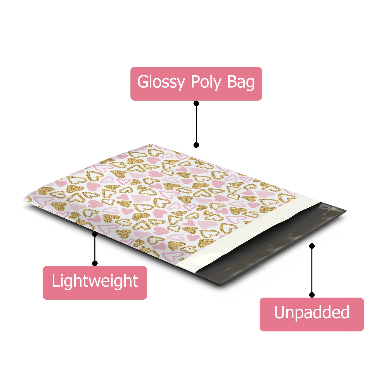 12×15 50 Pink and Gold Hearts Designer Poly Mailers Shipping Envelopes Premiu…