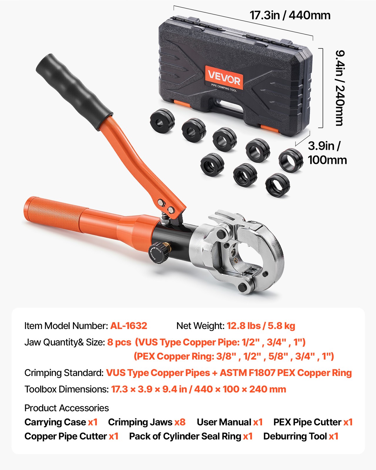 VEVOR Copper Pipe Crimping Tool Hydraulic Driven Press Tool with 8 Jaws