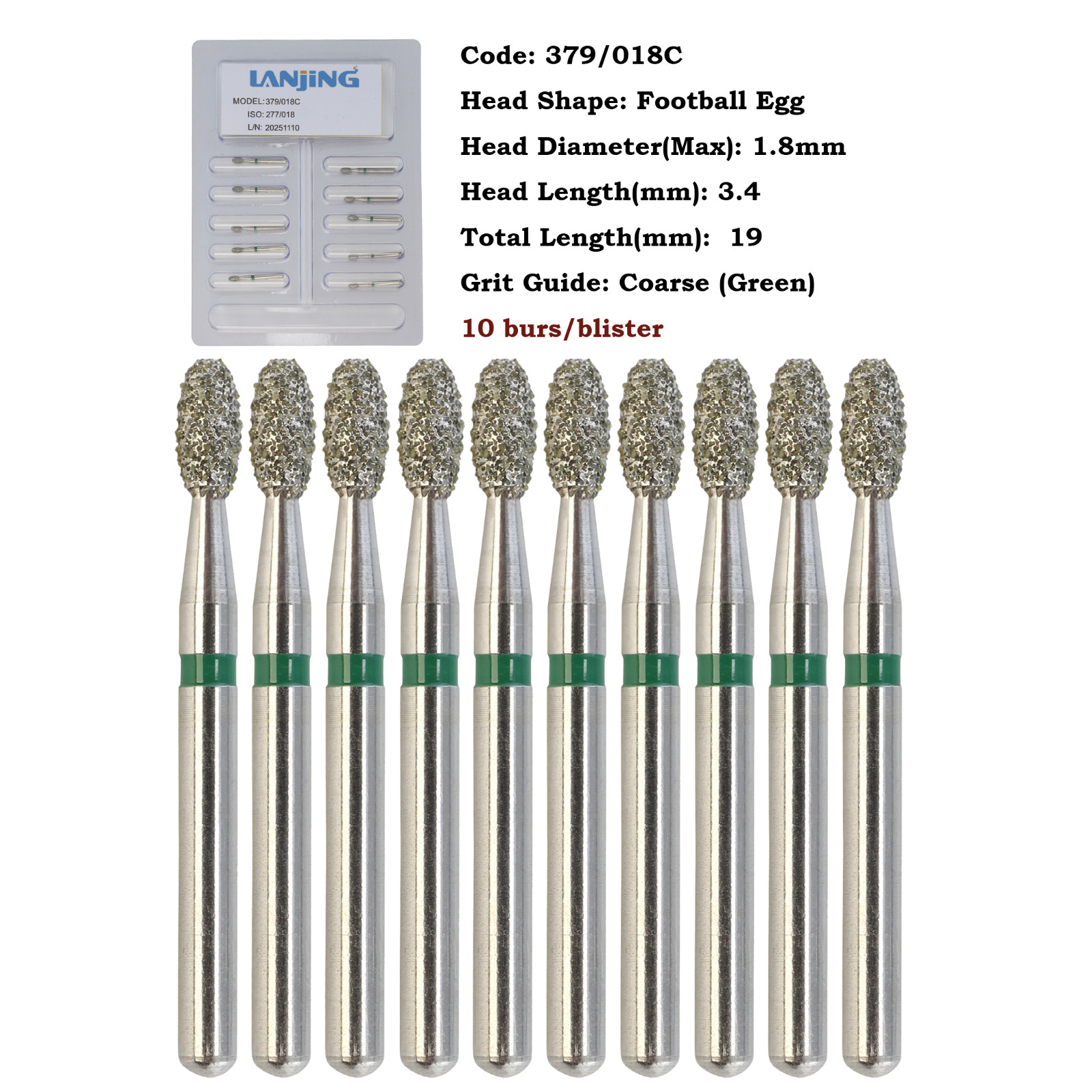 10pcs/pk Dental Diamond Burs Egg Football FG 379/018C Coarse Grit High Speed Bur