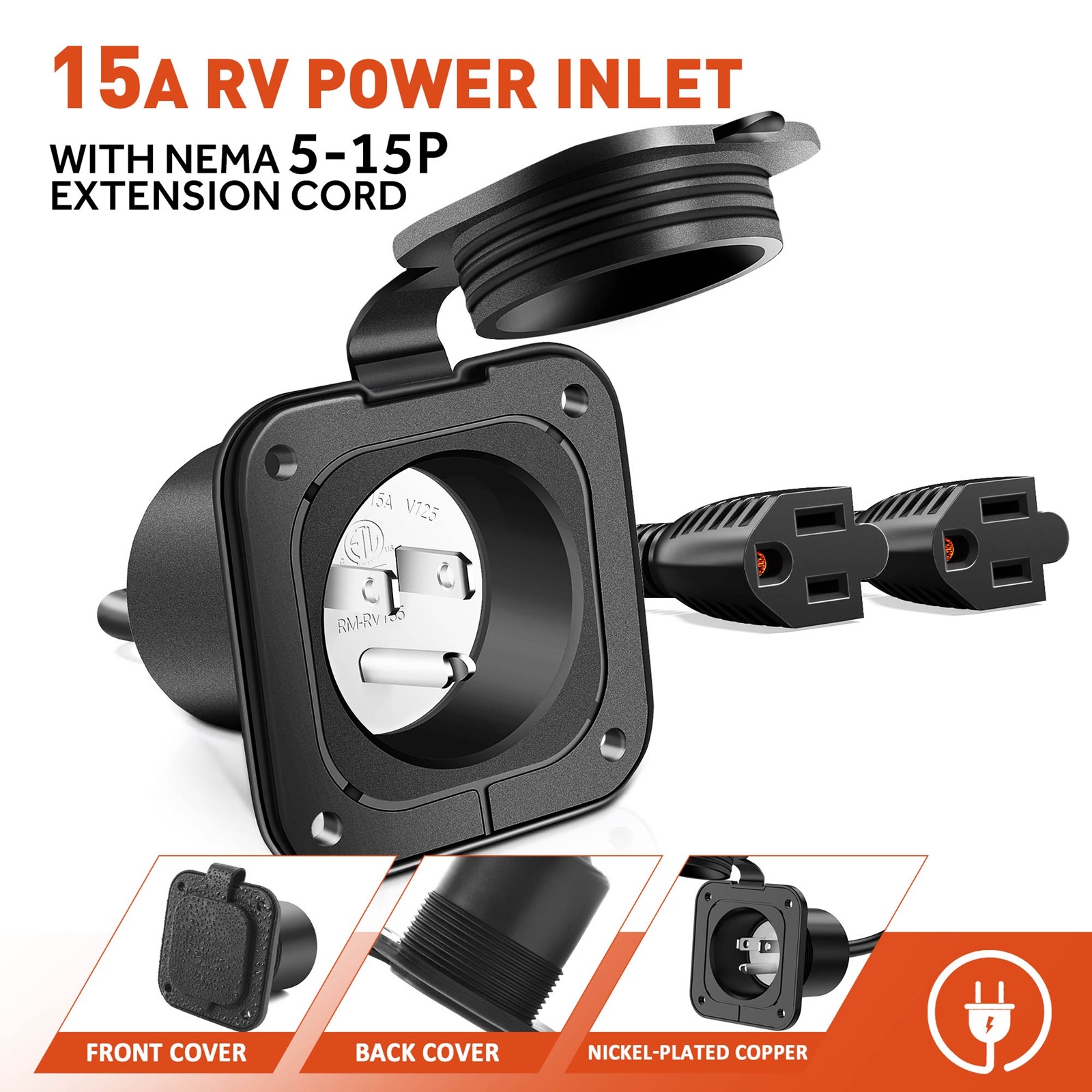 RV Shore Power Inlet Plug,15A 125V NEMA 5-15P AC Port, w/Dual 18″ Extension Cord