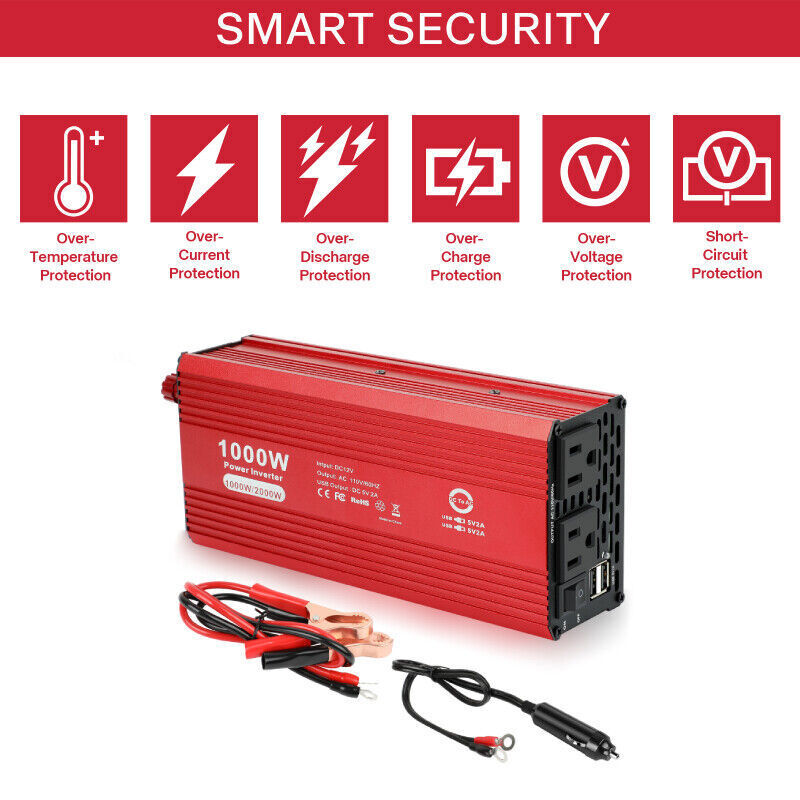 1000W Car Power Inverter Sine Wave Inverter DC 12V to AC 110V Boat Caravan