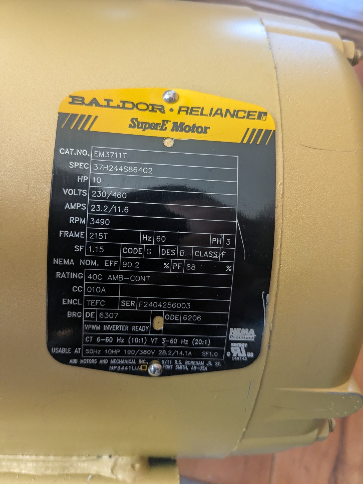 New Baldor 10 HP Super-E Electric Motor Em3711T 230/460 Vac 215T Frame RPM 3490