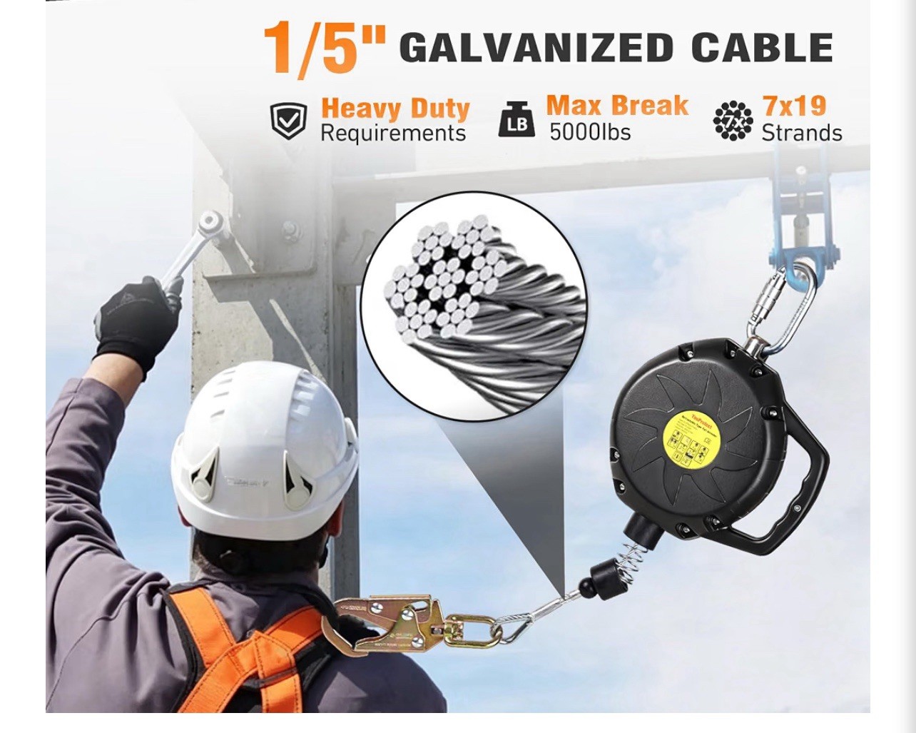 Self Retracting Lifeline 50FT Fall Protection Retractable Lanyard, Class 1 SRL