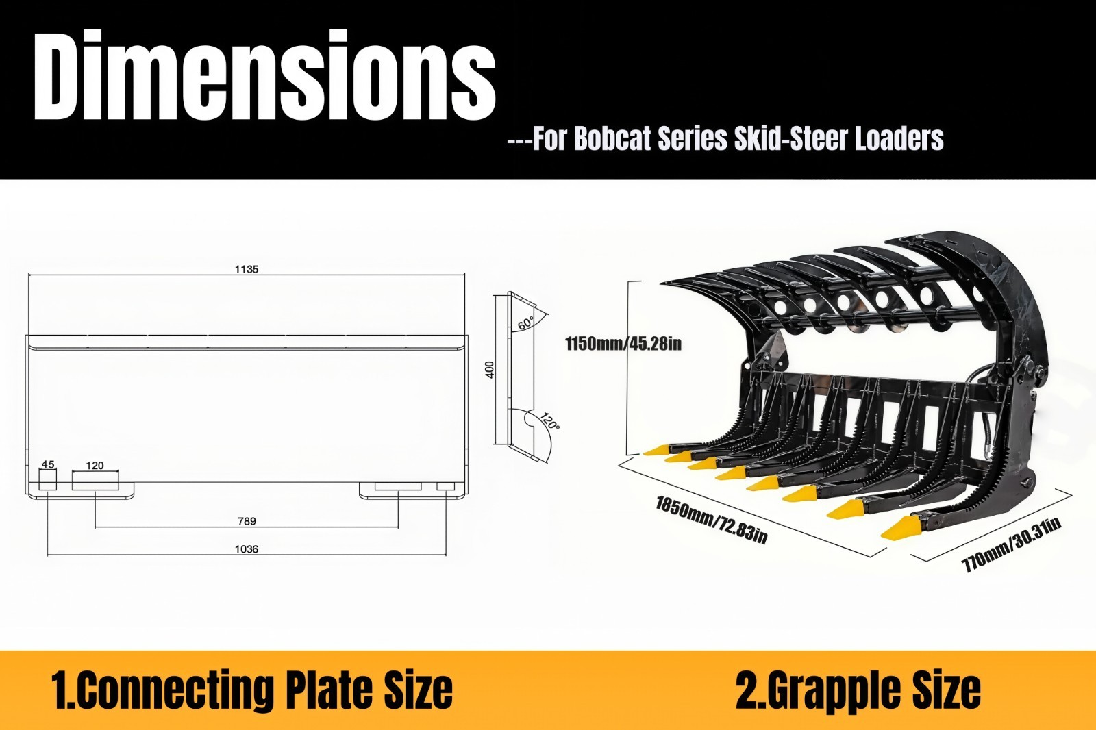 72″ Brush Root Rake Grapple Attachment For Bobcat Skid Steer