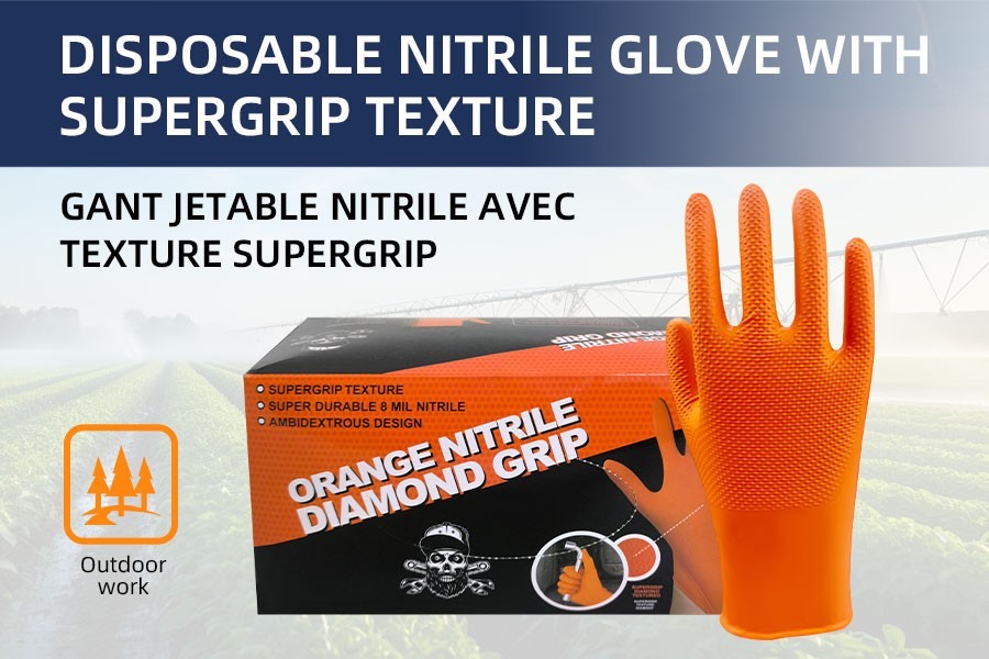 8 Mil Diamond Grip Nitrile Gloves Orange 100pc Raised Diamond Texture Industrial