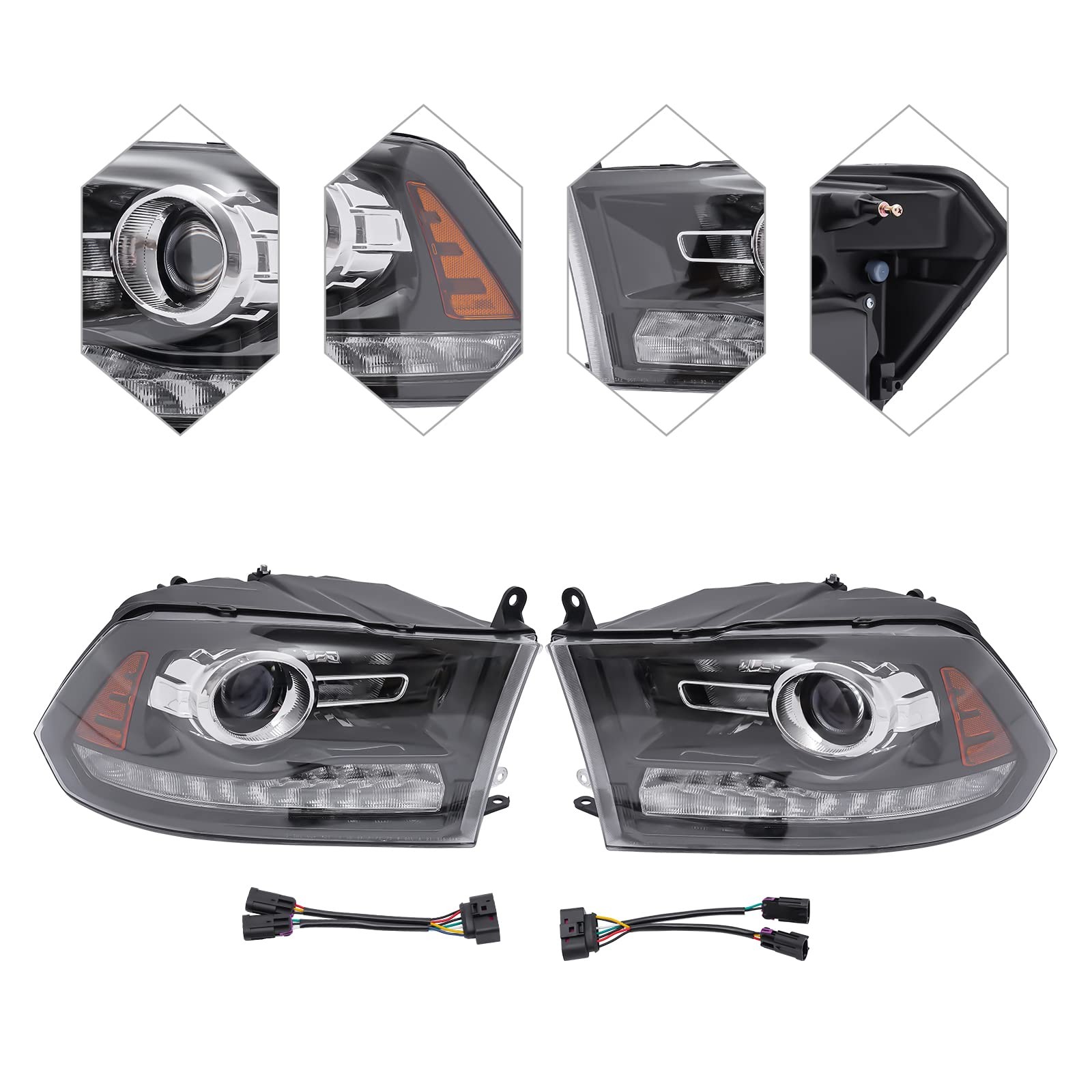 13-18 for Ram 1500 2500 3500 19 Classic Proj Headlight Pair LED DRL Halog CH2502