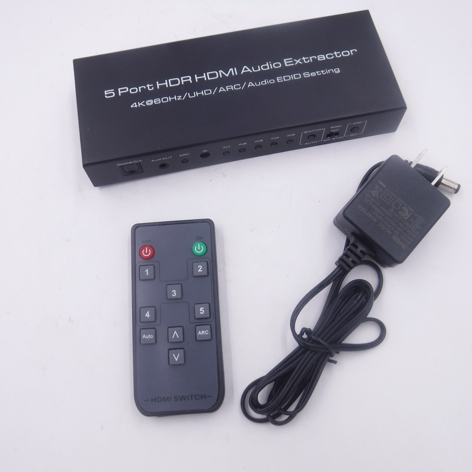 5 Port 4K@60Hz HDMI Switch with Optical & 3.5mm AUX Audio Out