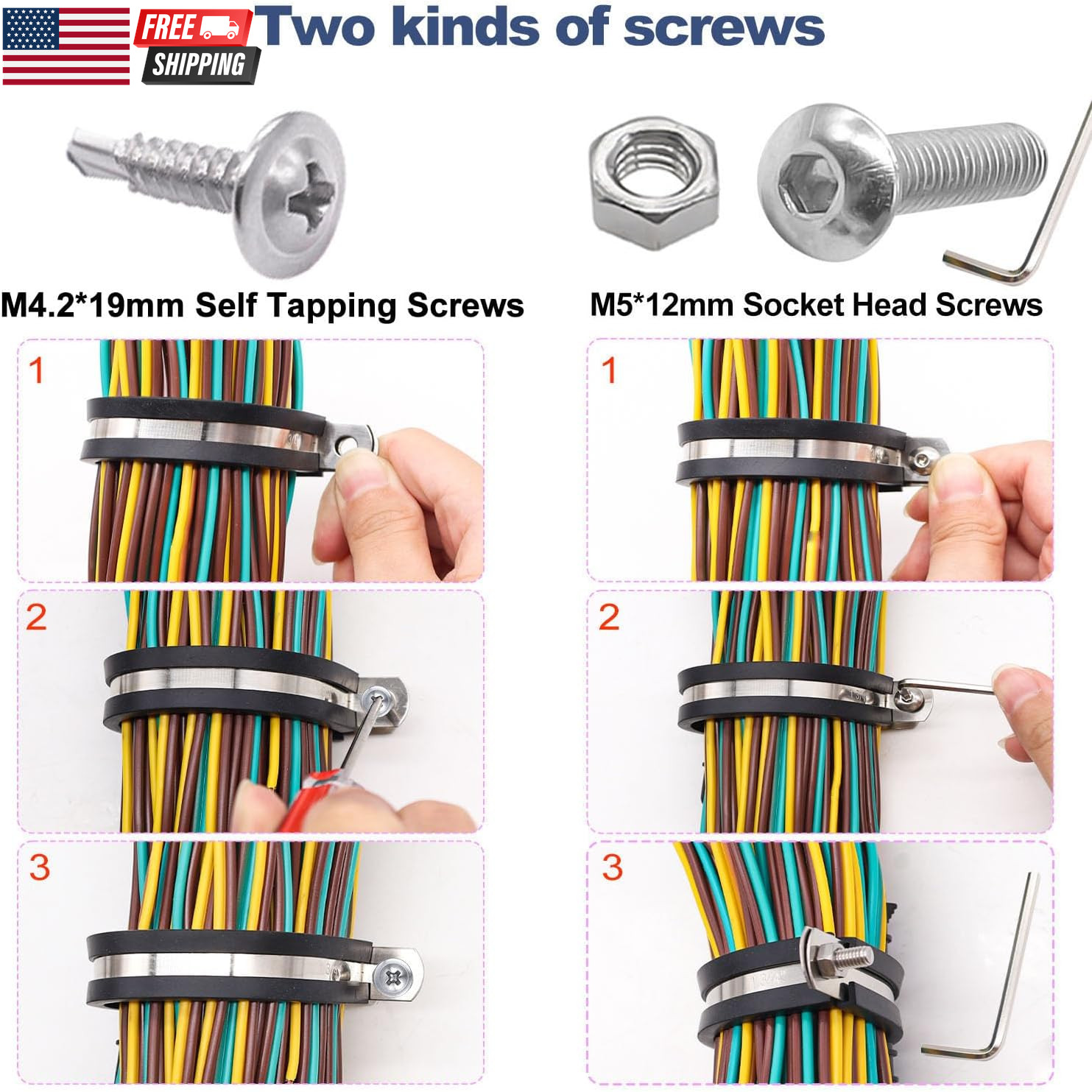50PCS 3/8 Inch Cable Clamps 304 Stainless Steel Rubber Cushion Insulated Wire Cl