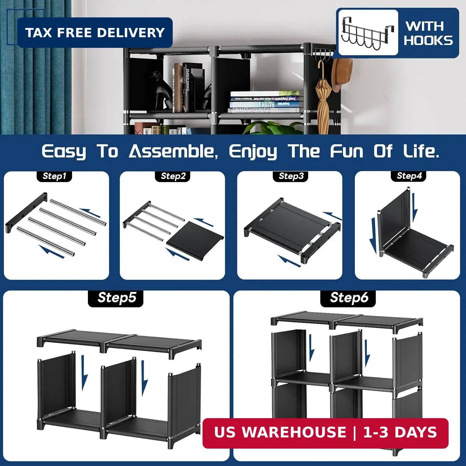 Bookcases: Black Cube Book Shelf, 10 Cube Tall Storage Organizer for Bedroom, Li