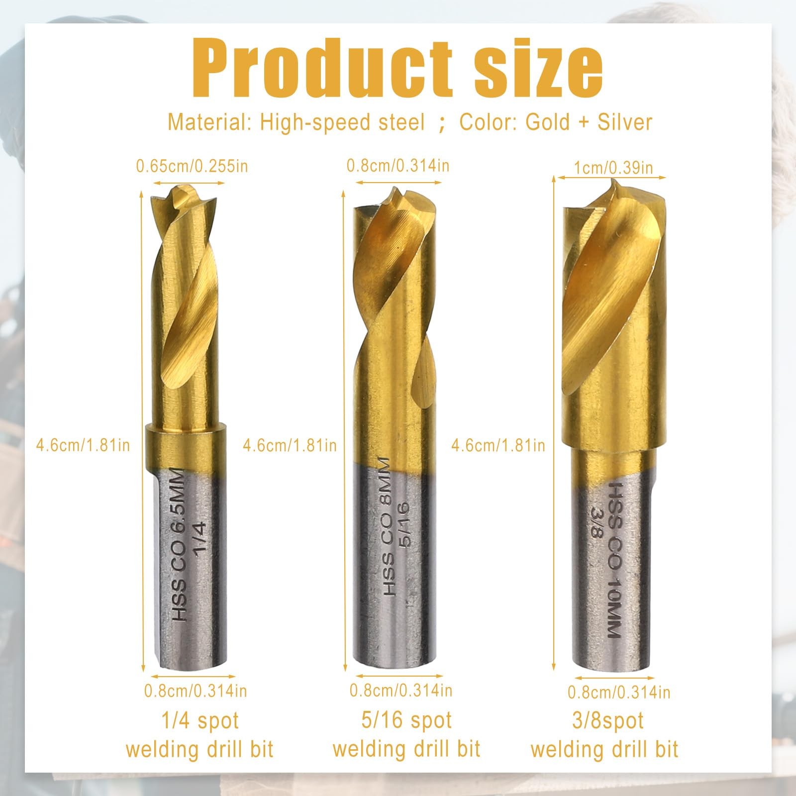 3pcs Spot Weld Drill Bit, High Speed Steel 1/4in,5/16in,3/8in, gold, silver