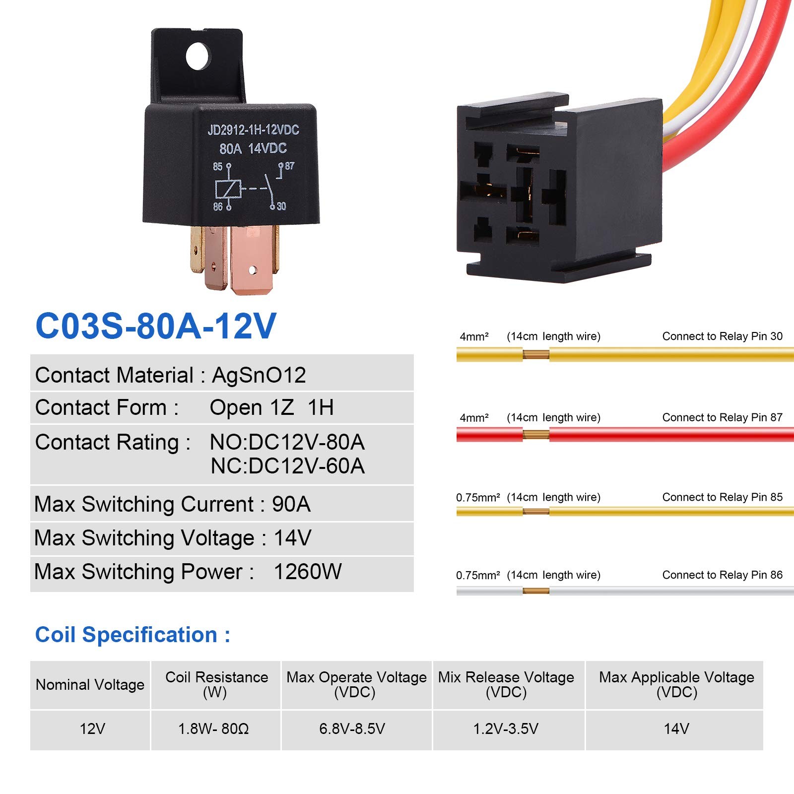 5 PCS Heavy Duty Truck Engine 4 Pin 80A 12V On/Off Normally Open Relay SPST