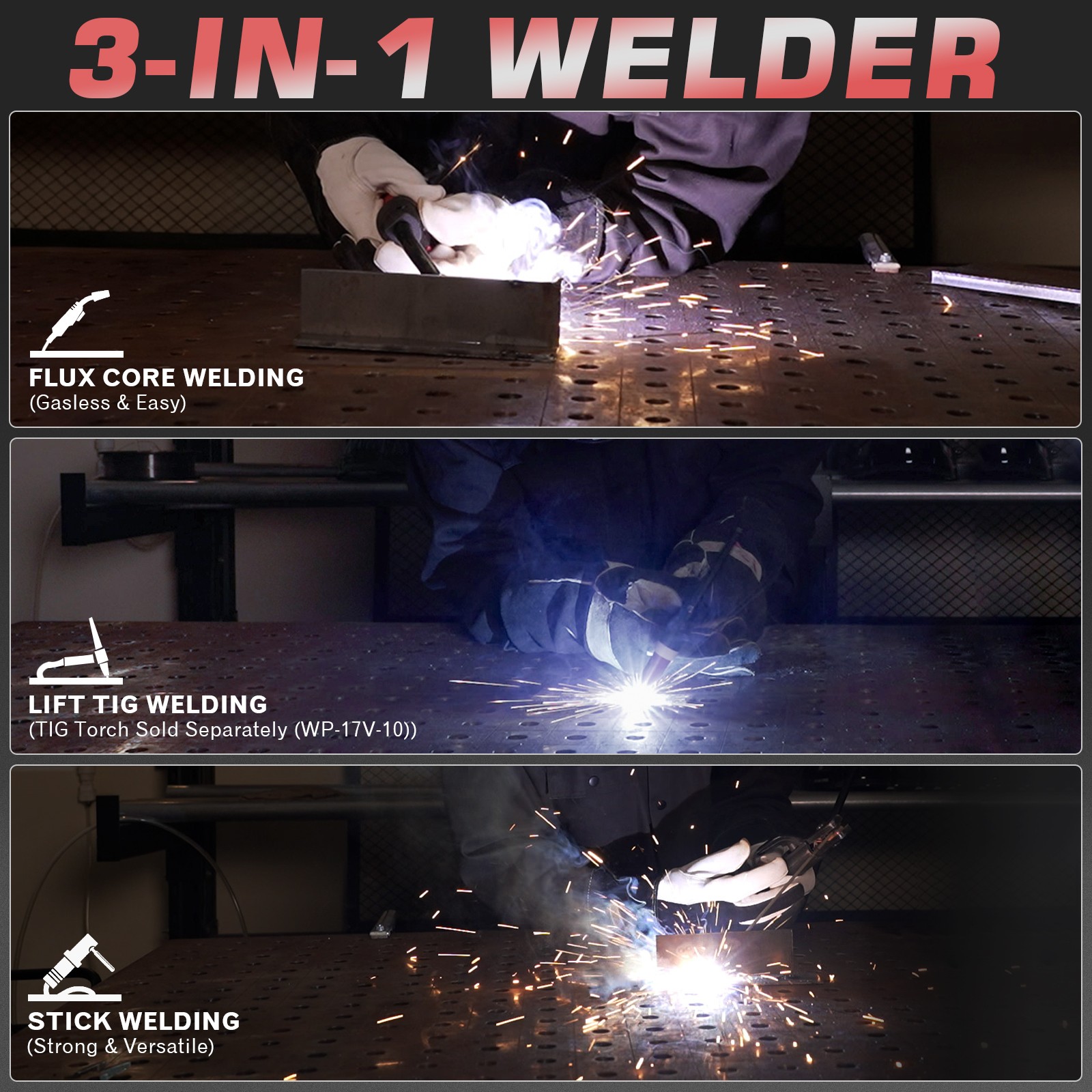 140A 110V Flux Core Gasless MIG/Lift TIG/Stick 3-in-1 Digital Display Welder