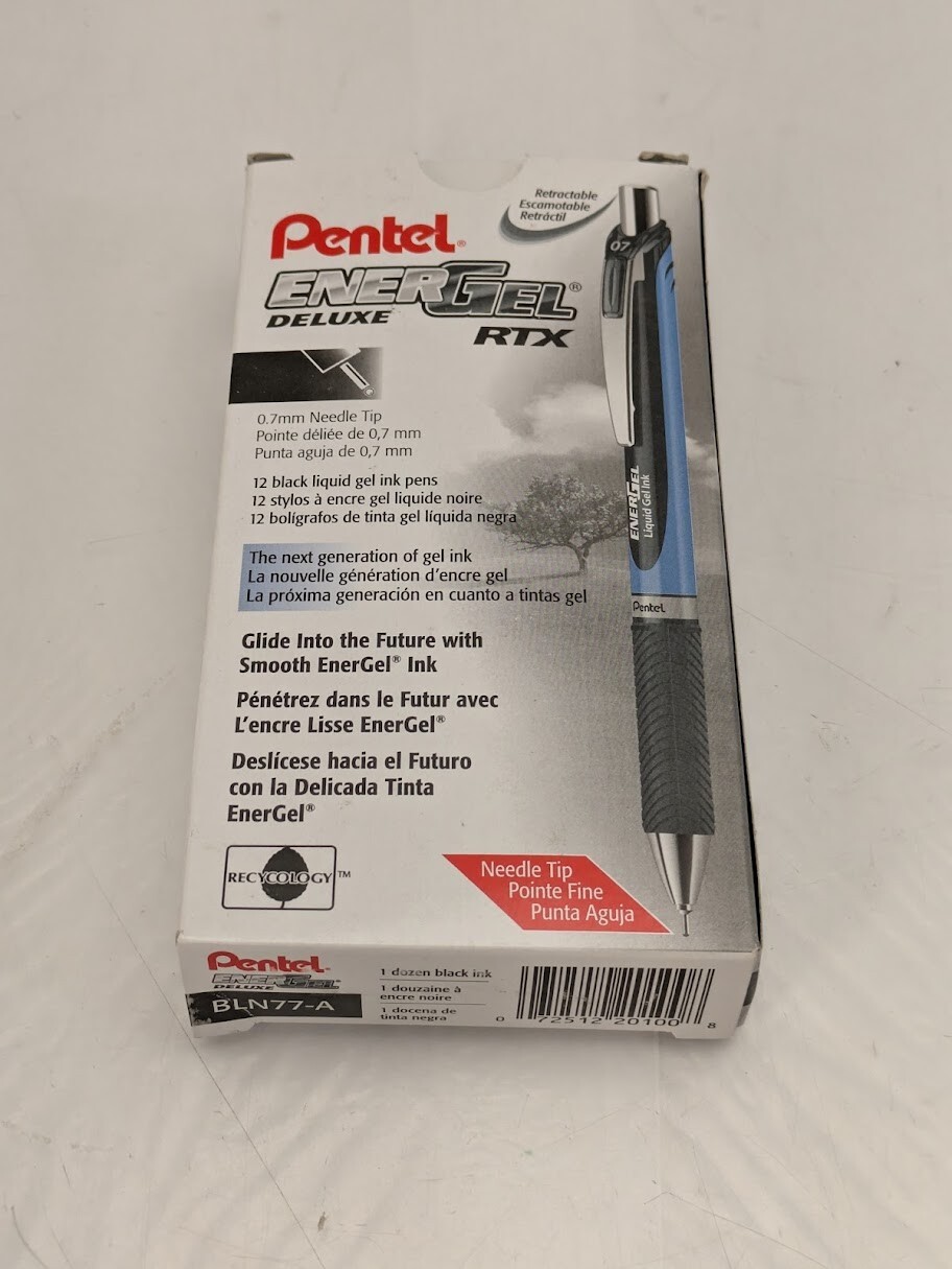 Pentel EnerGel RTX Retractable Gel Pens~Black Ink 0.7mm Box of 12 Metal Tip
