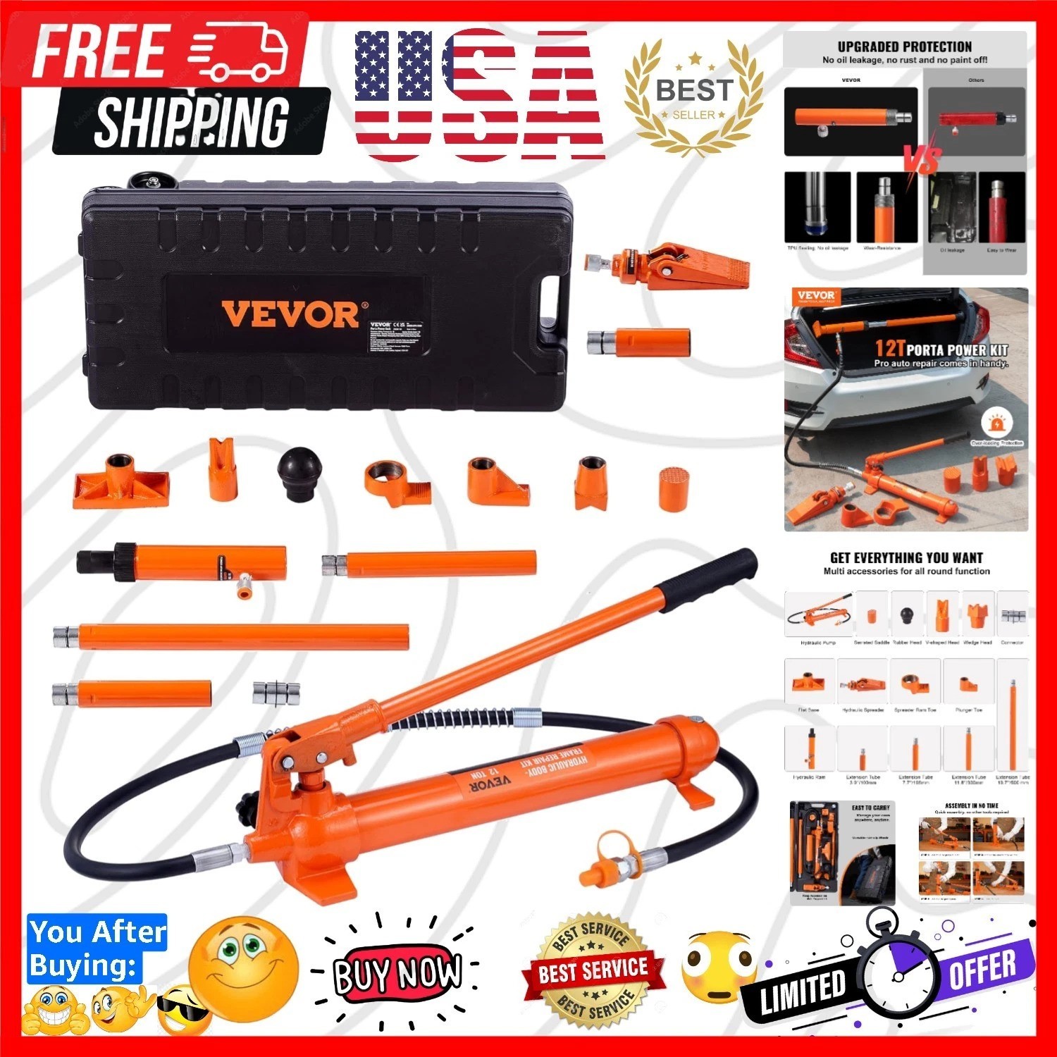 12 Ton Porta Power Kit, Hydraulic Ram with Pump with 4.6 ft/1.4 m Oil Hose, P…