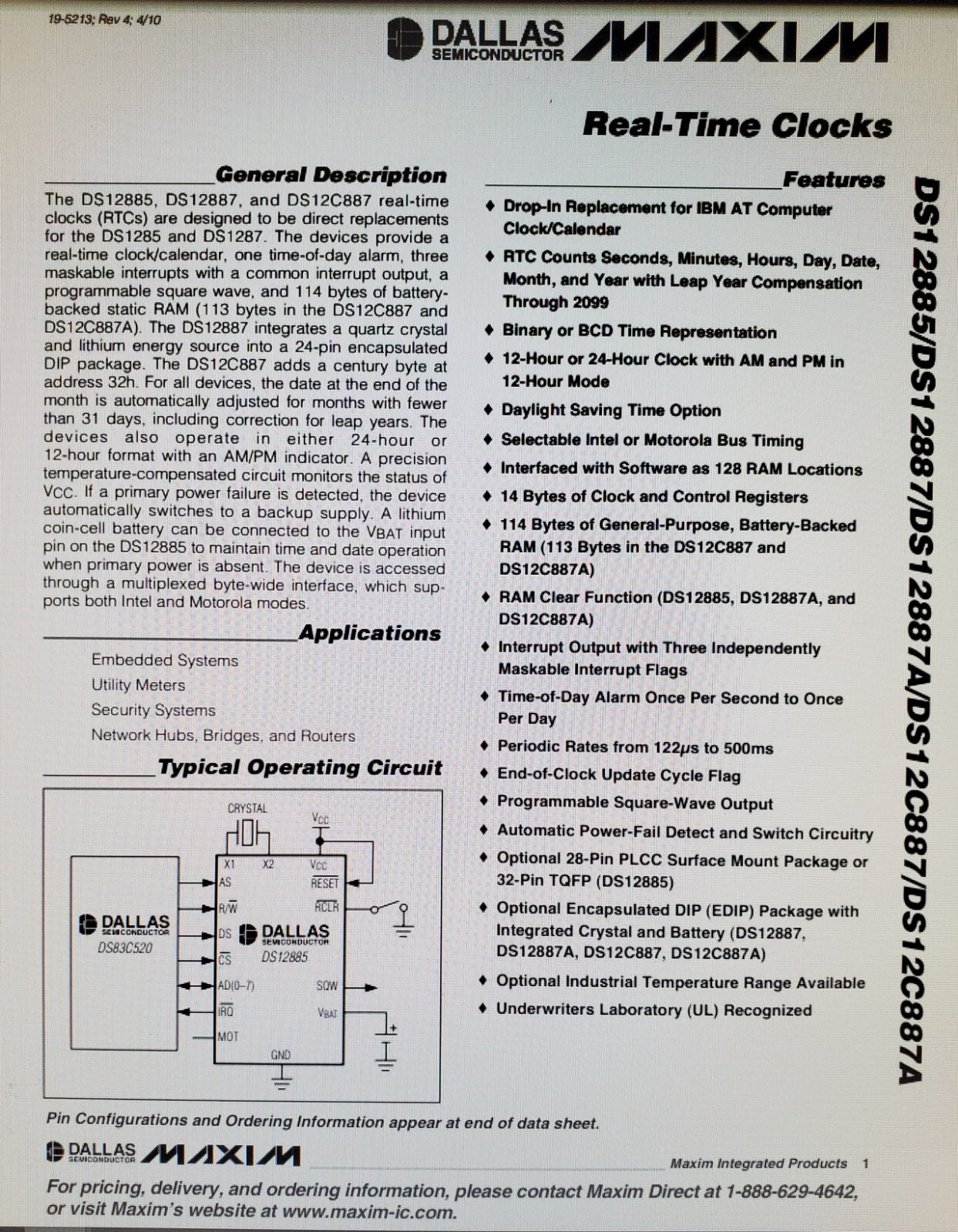 DALLAS DS12887A+ DIP-24 Real-Time Clock Chip RAM 128 PROGRAMMABLE TIMER