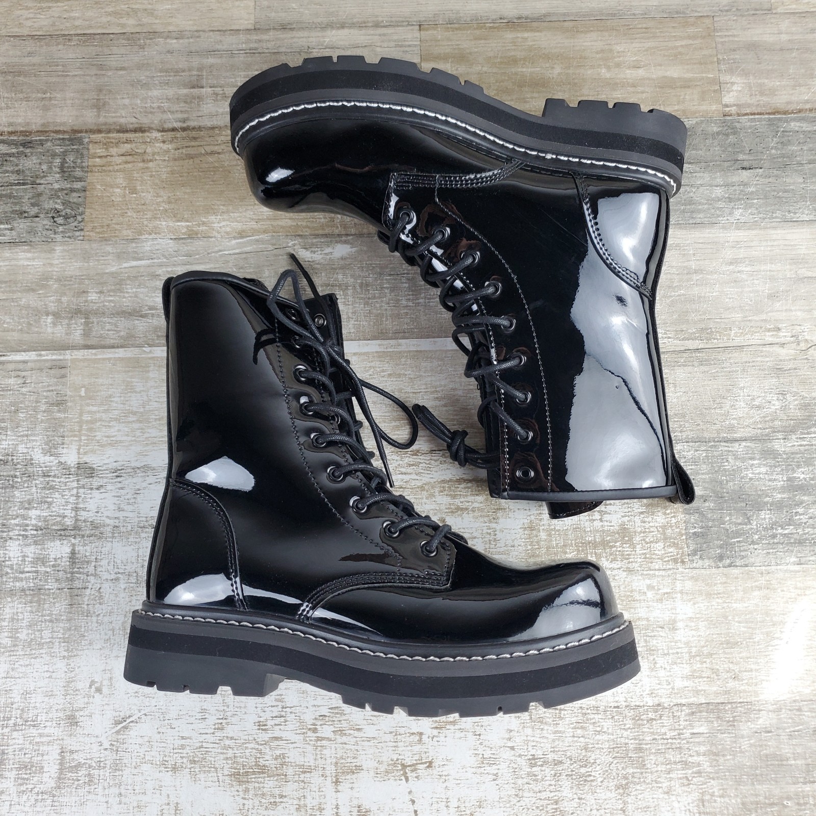 Avenger Fortune Womens Work Boots Sz 9.5 D Black Shiny Patent Leather Lace-Up