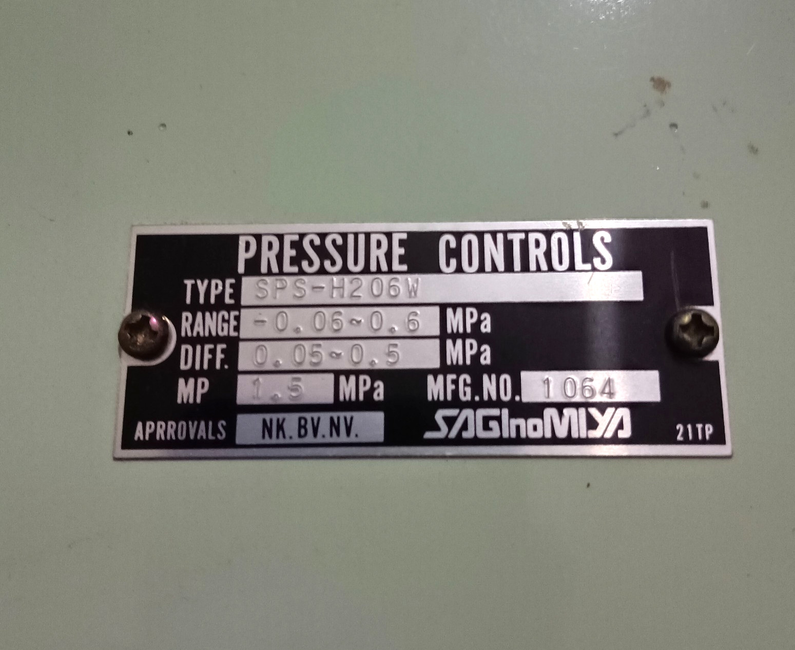 SAGINOMIYA SPS-H206W PRESSURE SWITCH Range : -0.06~0.6MPa