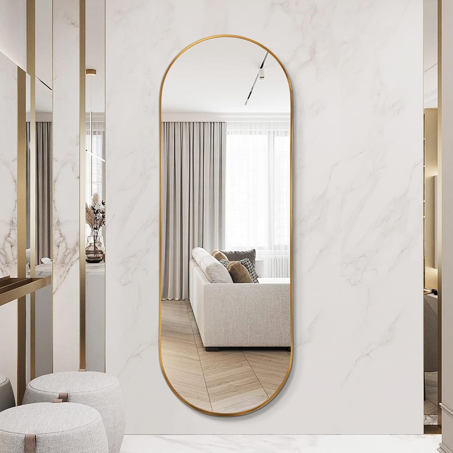 Oval Full Length Mirror, 65″×22″ Wall-Mounted Floor Mirror with Metal Frame, Ult