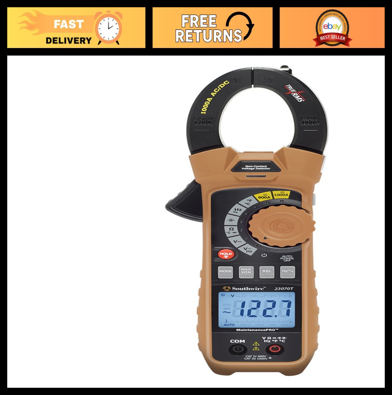 Clamp Meter 1000A True RMS AC/DC – Voltage Detector, LED Work Light, CAT IV 600V