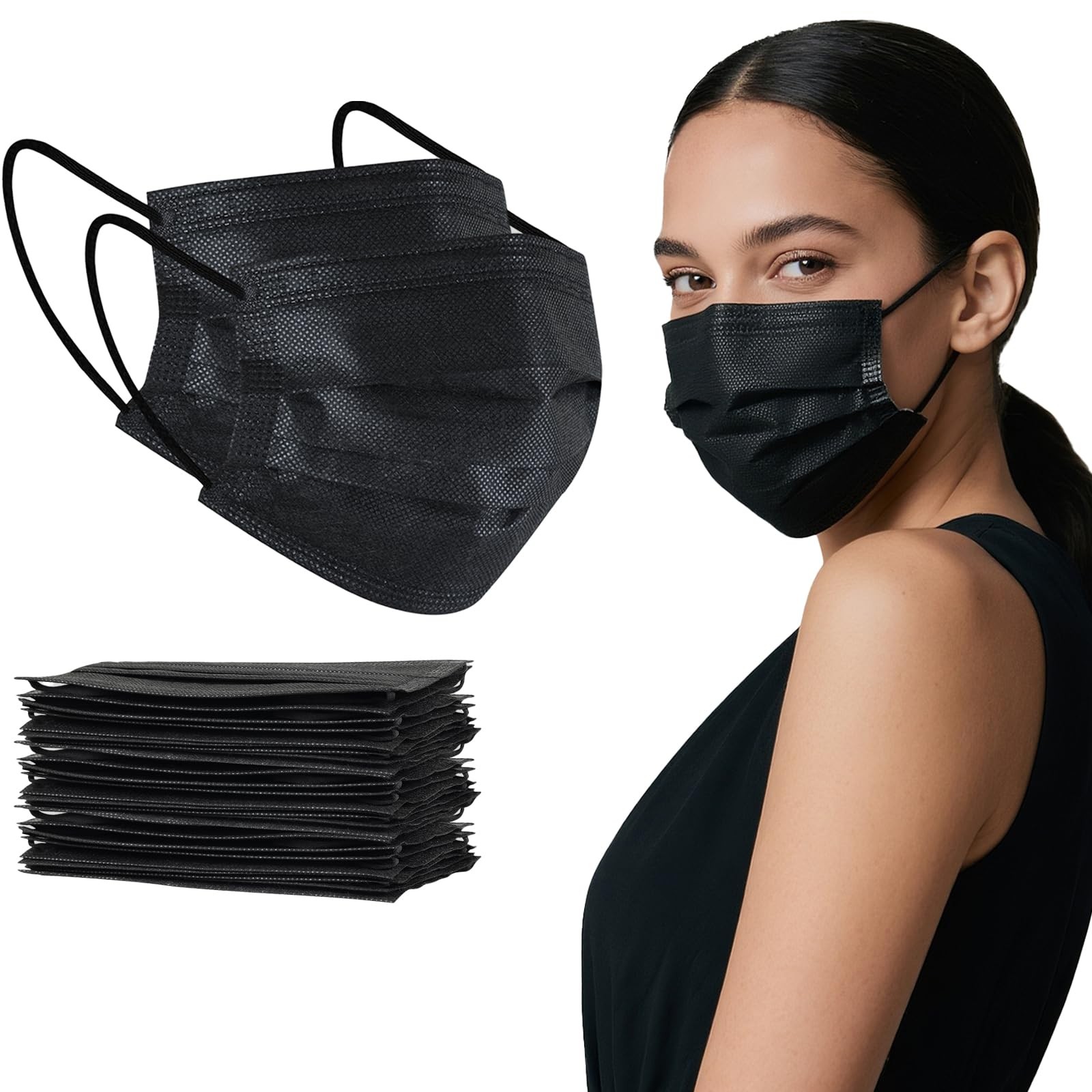 100Pcs Disposable Face Masks, Black Face Mask, 3 Ply Disposable Mask