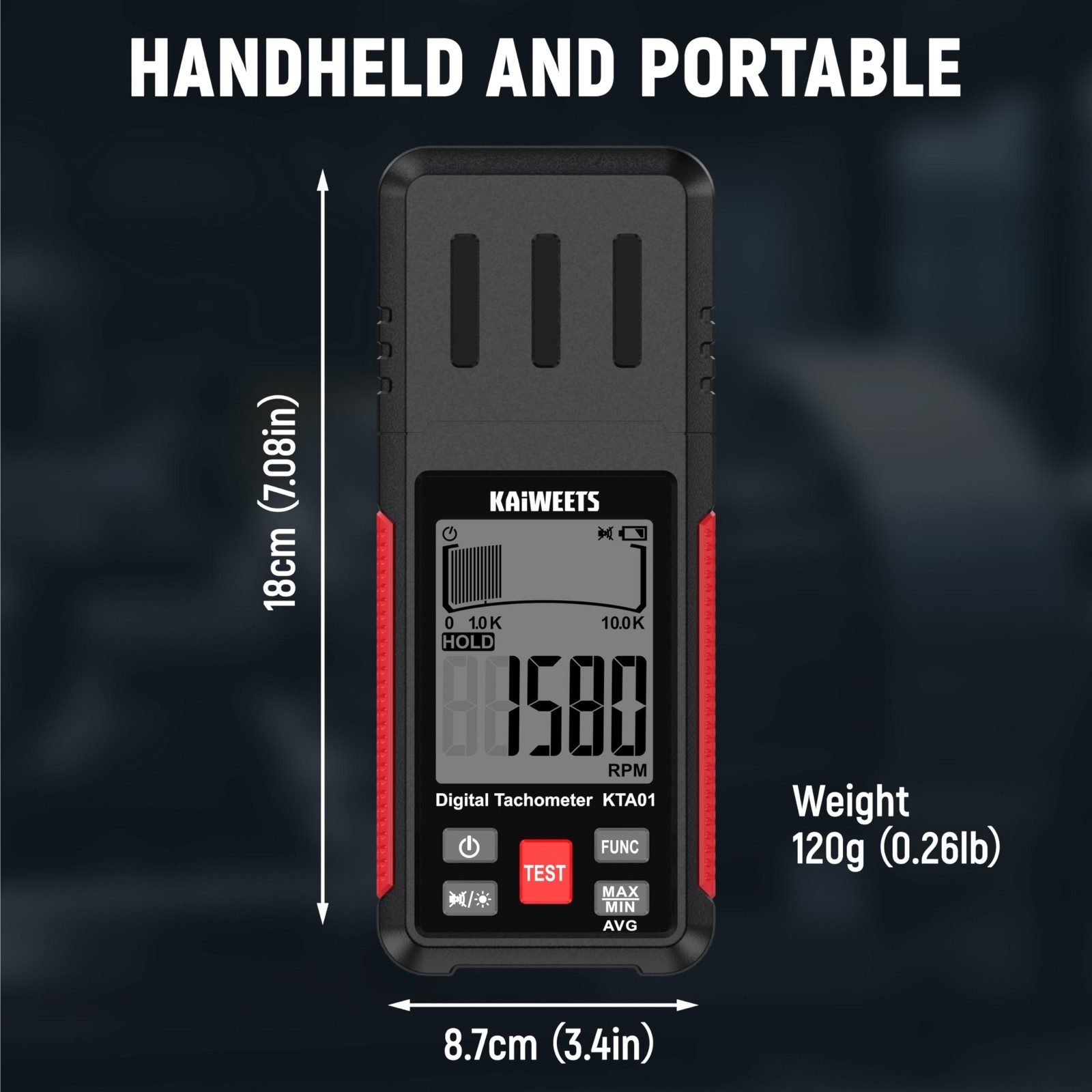 High Accuracy Non-Contact Laser RPM Tachometer, LCD Backlight, Data Hold, 10-999