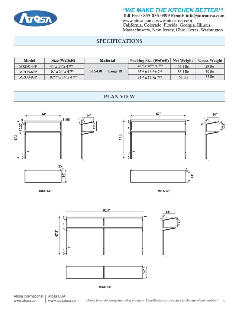 Atosa MROS-67P DOUBLE OVER SHELF 67″ WIDE FOR ATOSA MPF8202GR
