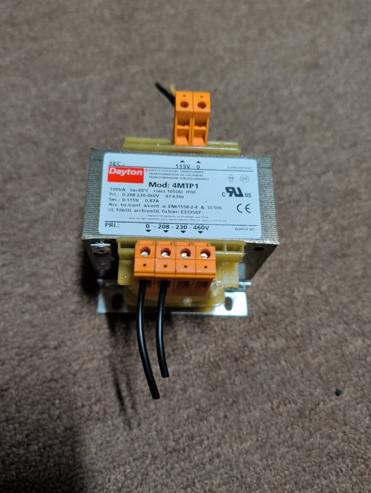 DAYTON 4MTP1 SAFETY ISOLATING TRANSFORMER 115V 208V 230v 460V