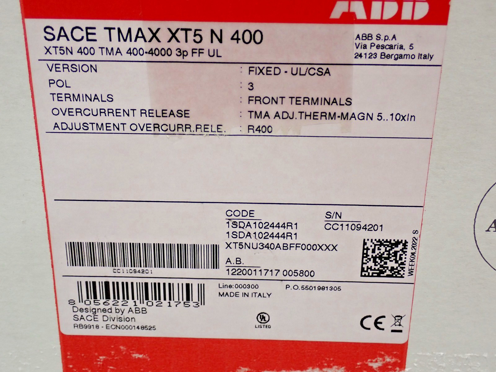 NEW ABB XT5NU340ABFF000XXX SACE TMAX XT5 N 400 3P 600V Circuit Breaker 35kA@480